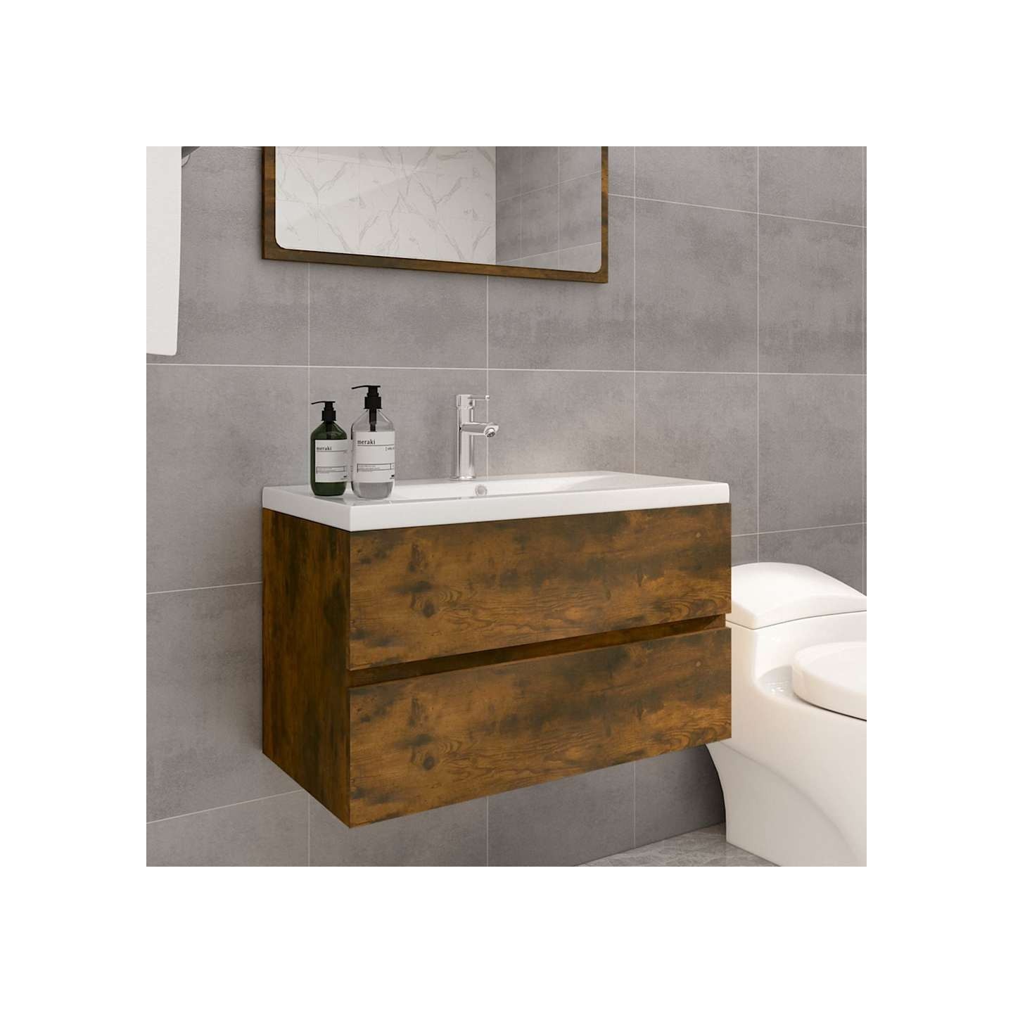 Meuble lavabo avec bassin intégré Chêne fumé Bois d'ingénierie
