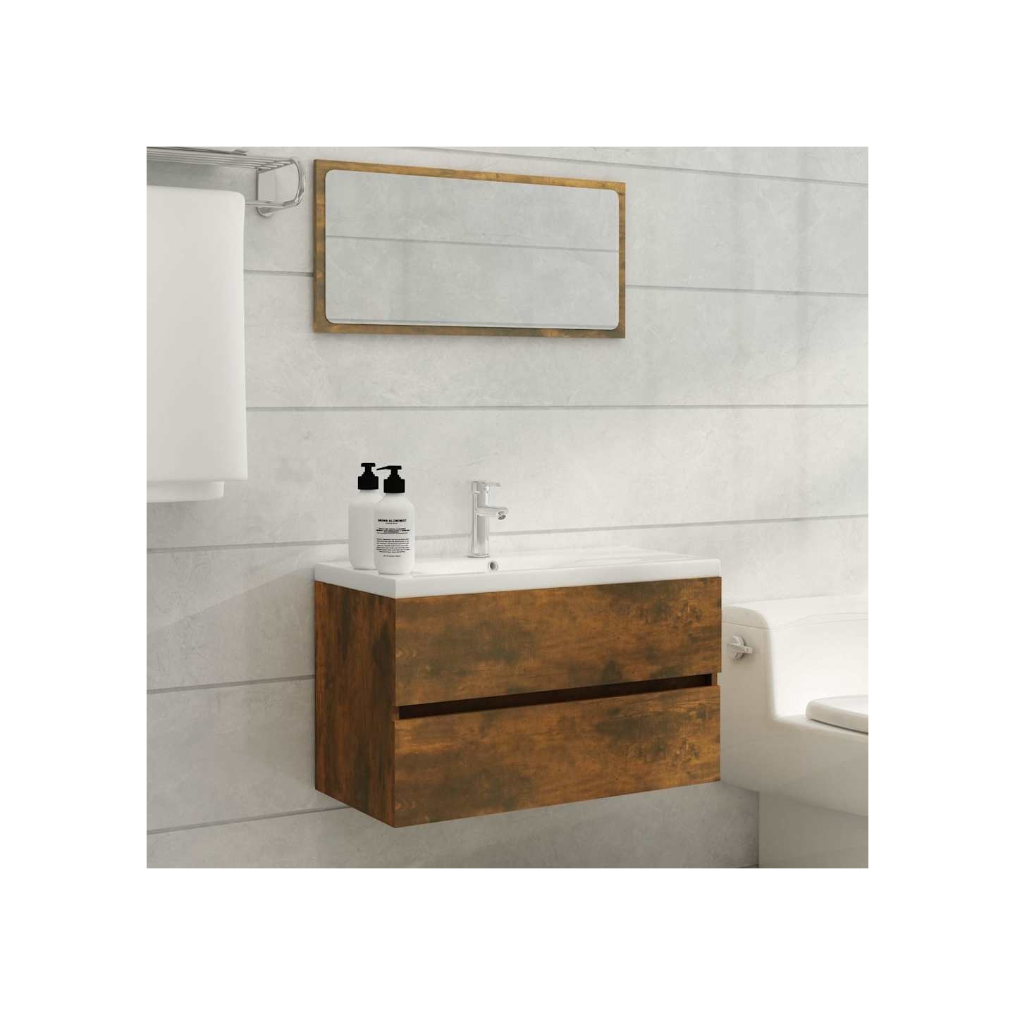 Meuble lavabo avec bassin intégré Chêne fumé Bois d'ingénierie