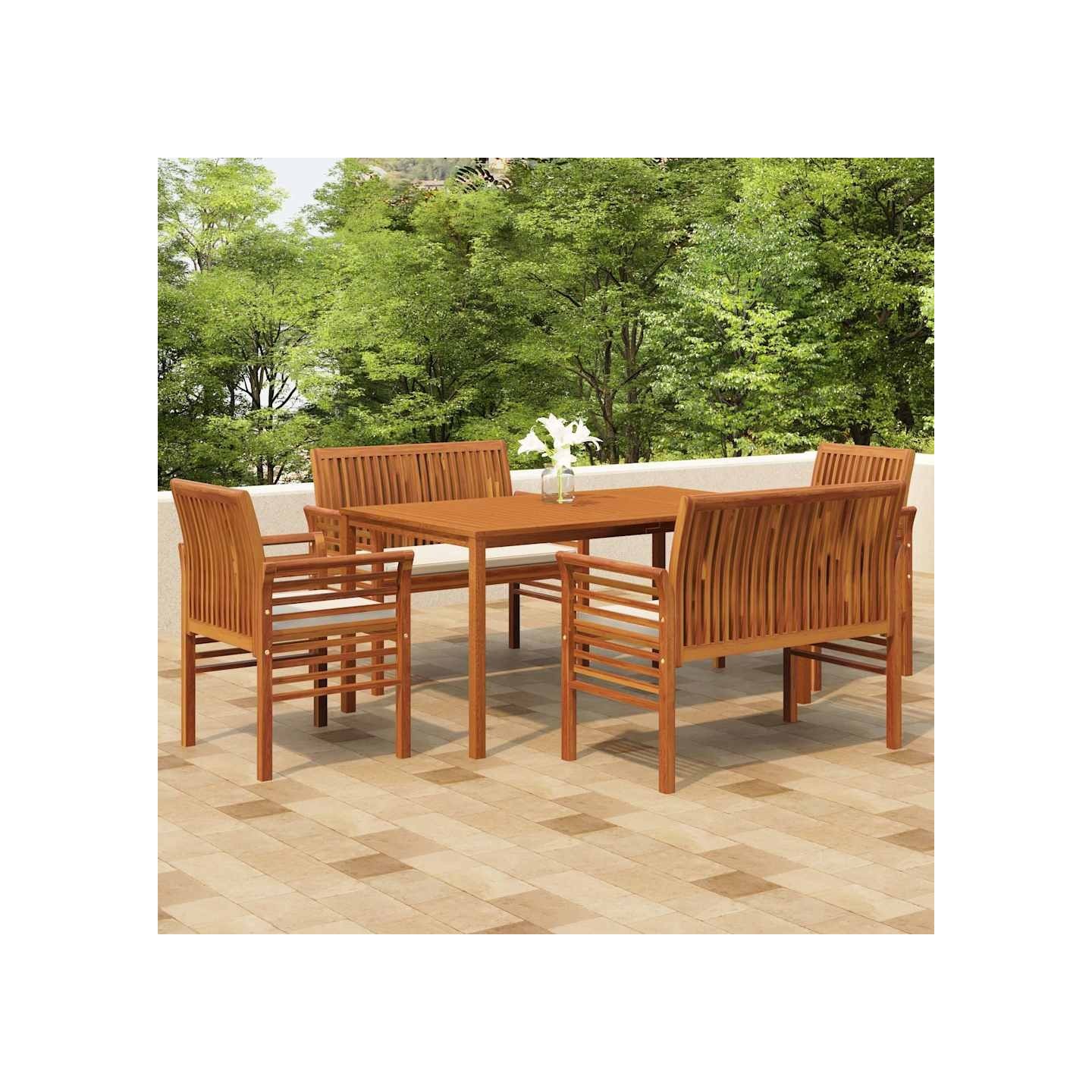 Ensemble à manger d'extérieur 5 pcs et coussins Acacia solide