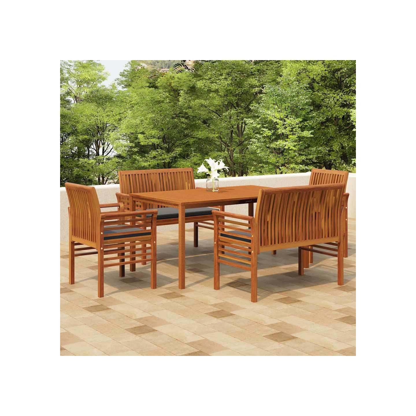 Ensemble à manger d'extérieur 5 pcs et coussins Acacia solide