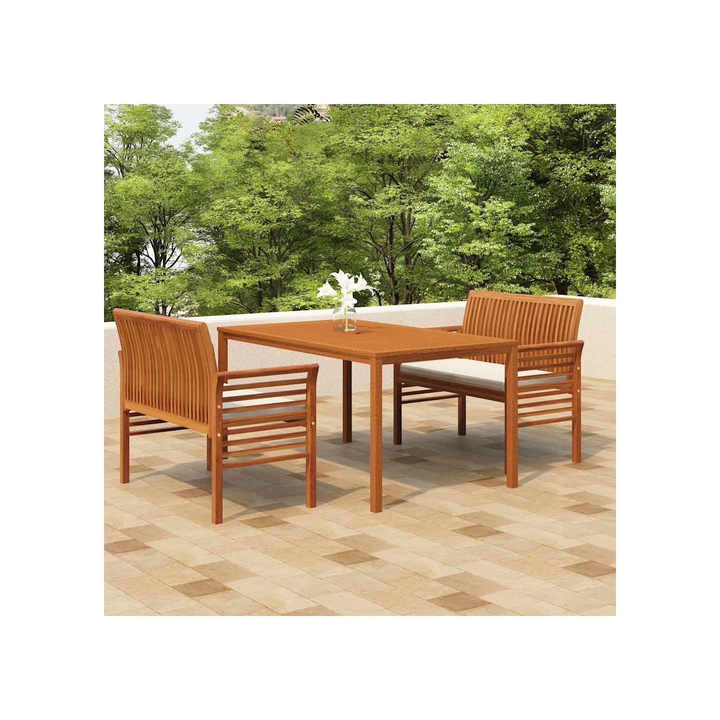 Ensemble à manger d'extérieur 3 pcs et coussins Acacia solide