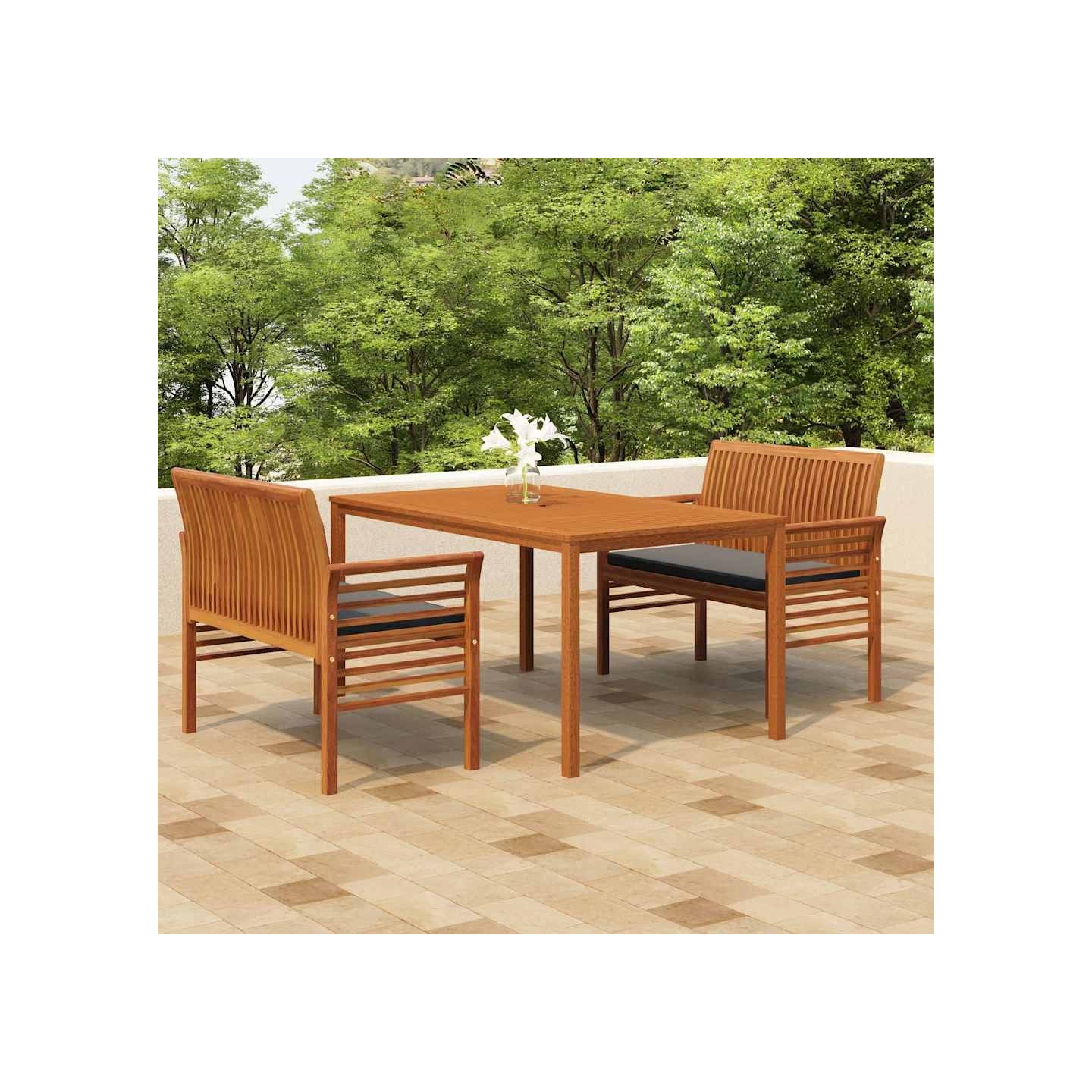 Ensemble à manger d'extérieur 3 pcs et coussins Acacia solide