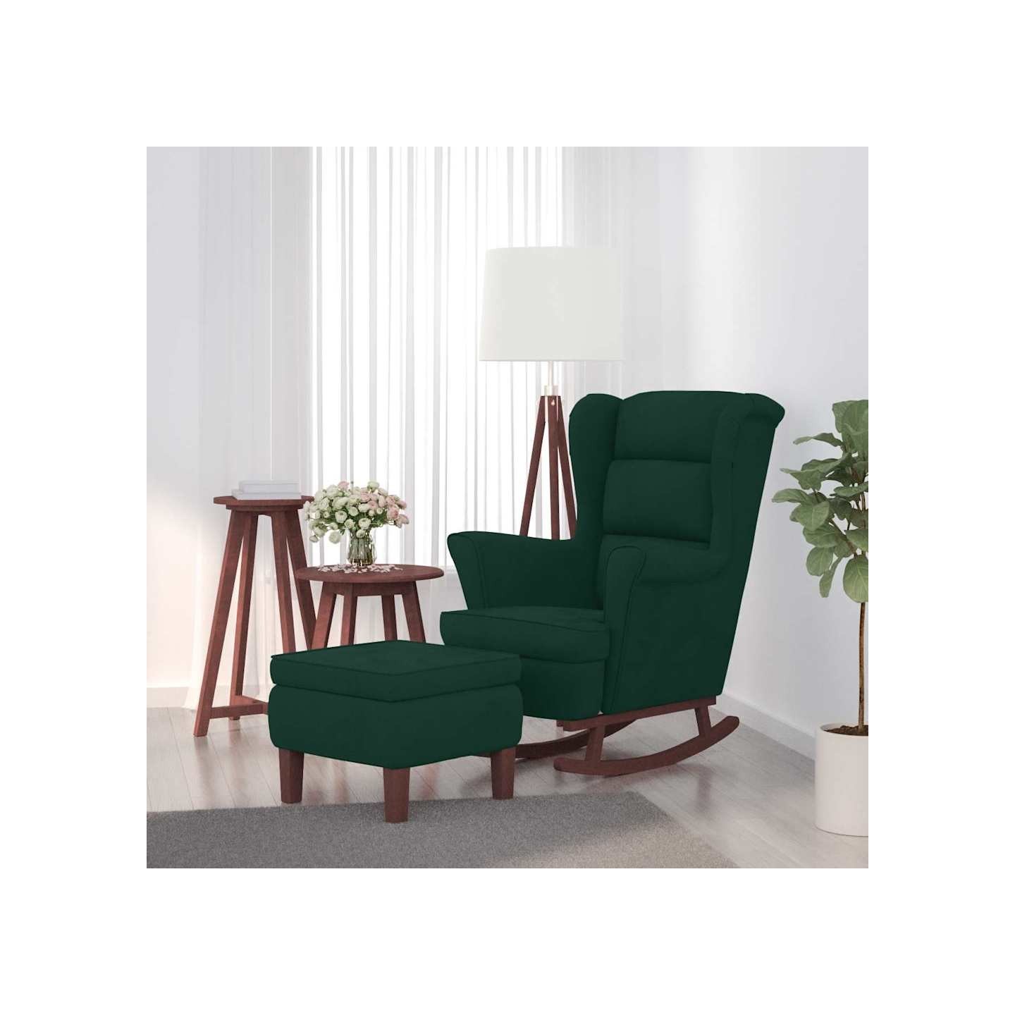 Fauteuil à bascule à oreilles en velours vert foncé bois massif
