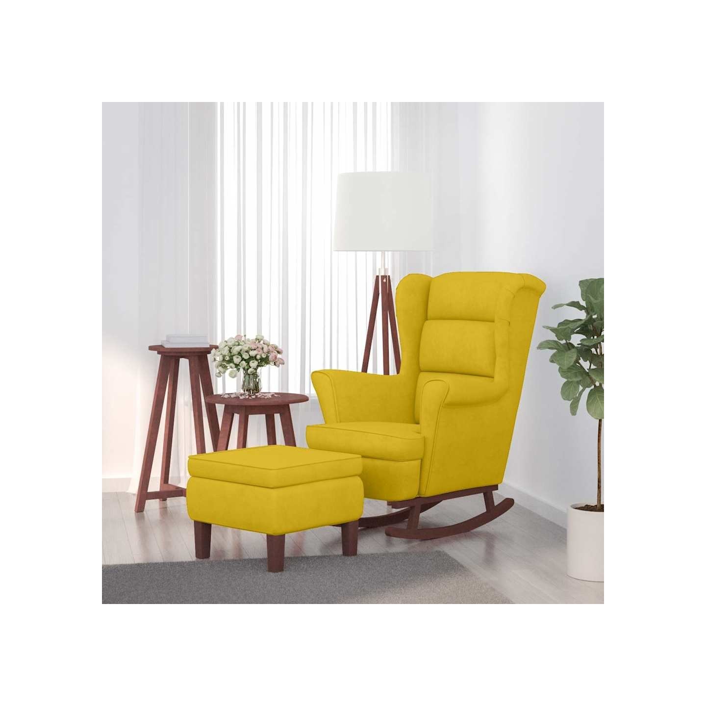 Fauteuil à bascule à oreilles en velours jaune bois massif