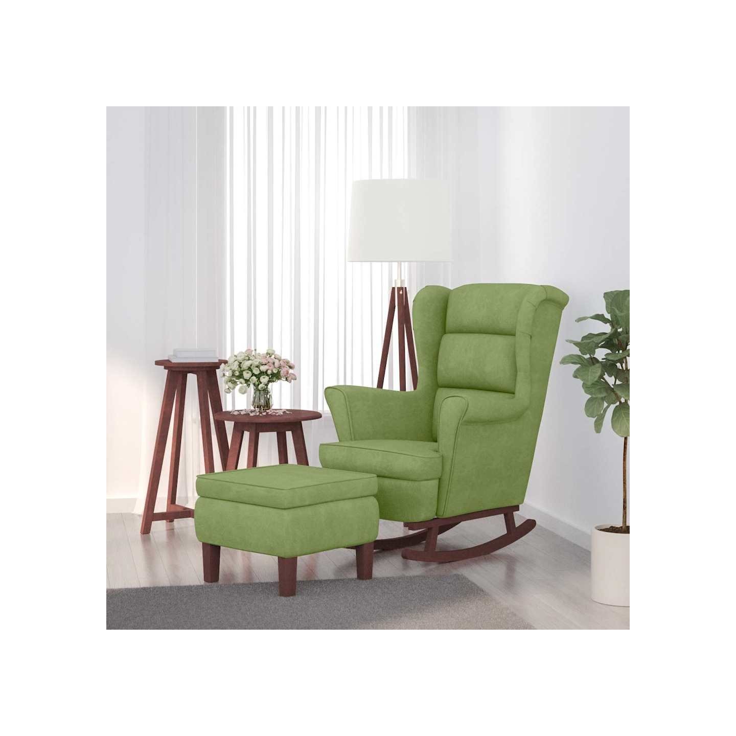 Fauteuil à bascule à oreilles en velours vert clair bois massif