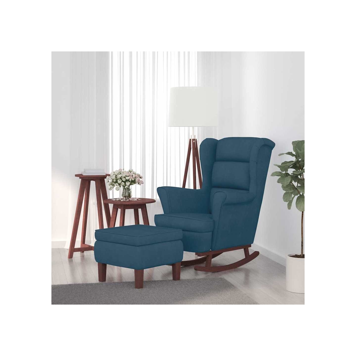 Fauteuil à bascule à oreilles en velours bleu bois massif