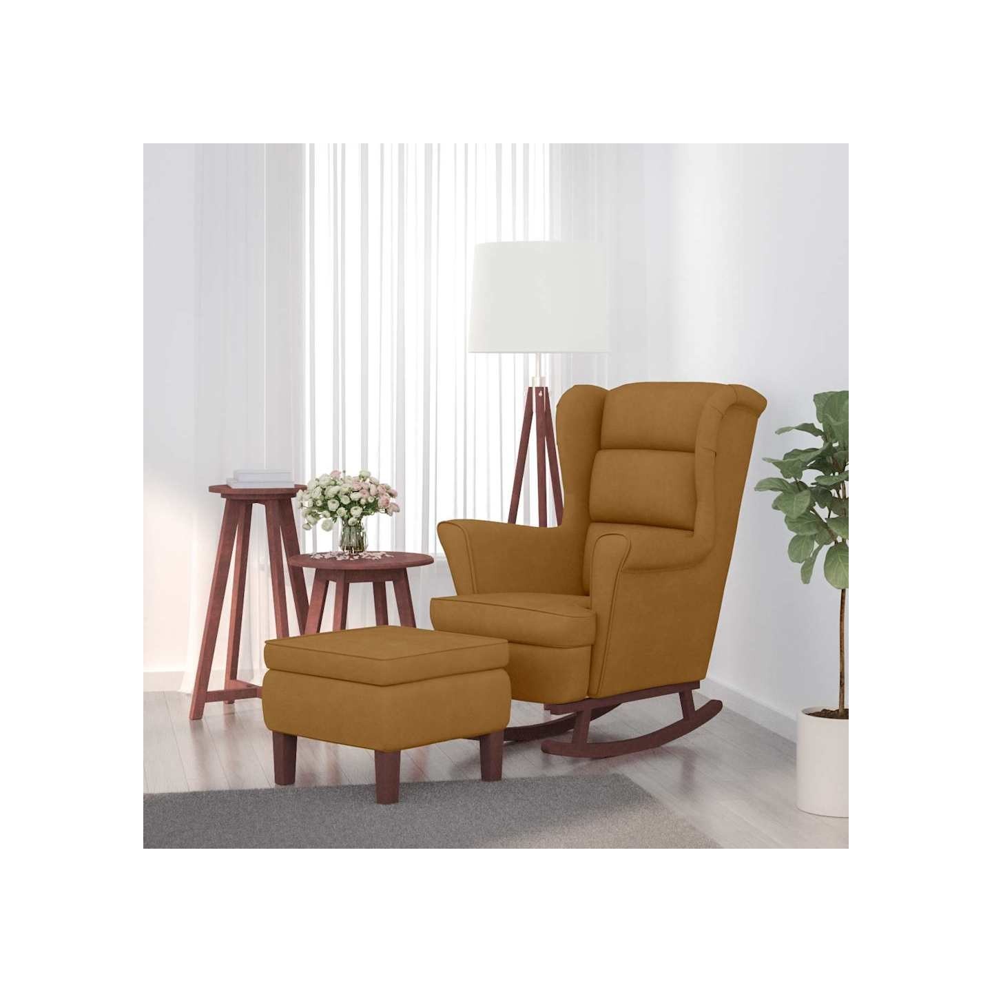 Fauteuil à bascule à oreilles en velours marron bois massif