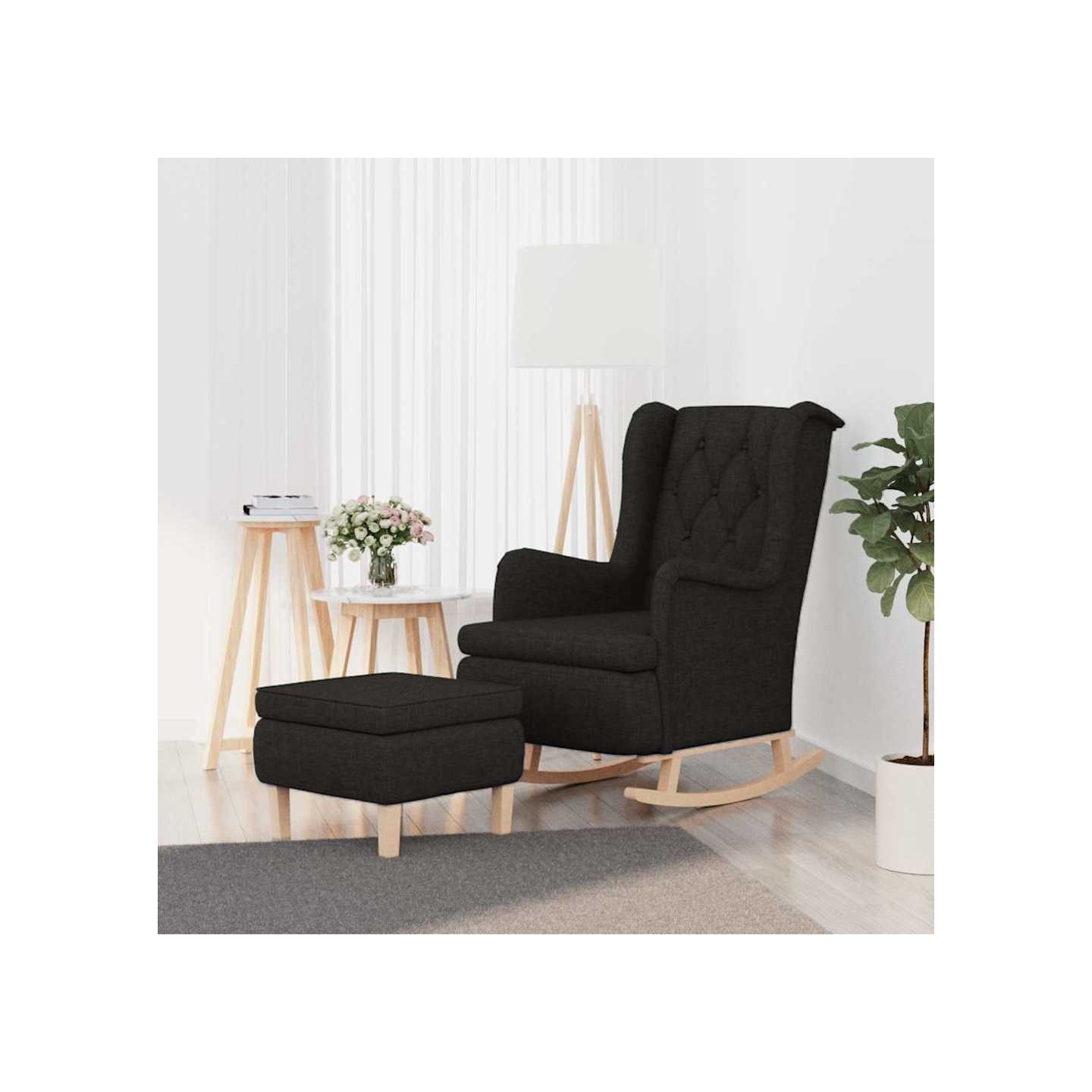 Fauteuil avec pieds à bascule et tabouret Noir Tissu