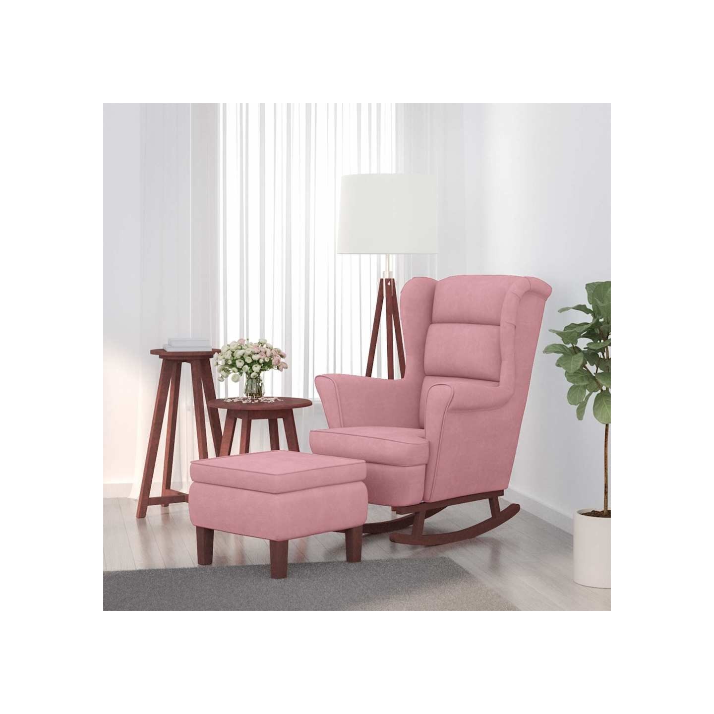 Fauteuil à bascule à oreilles en velours rose bois massif