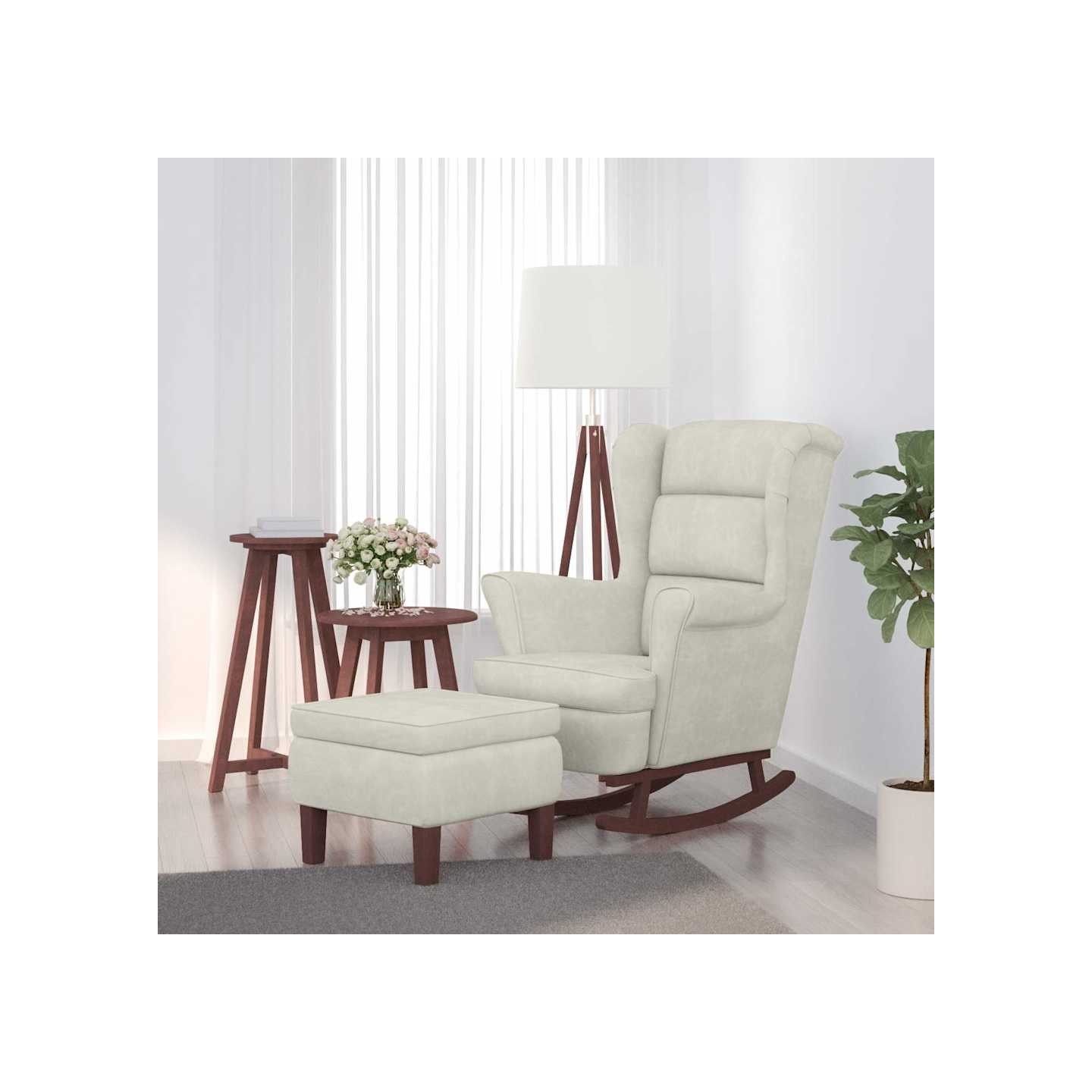 Fauteuil à bascule à oreilles en velours crème bois massif