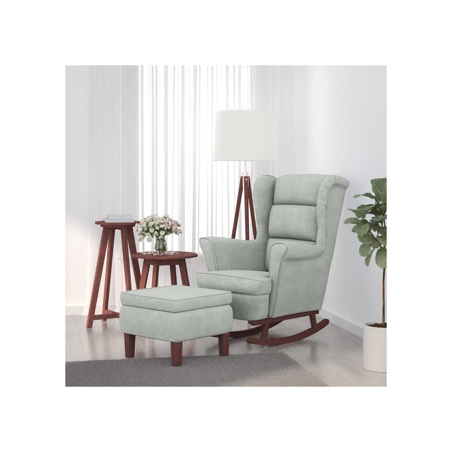 Fauteuil à bascule à oreilles en velours gris clair bois massif