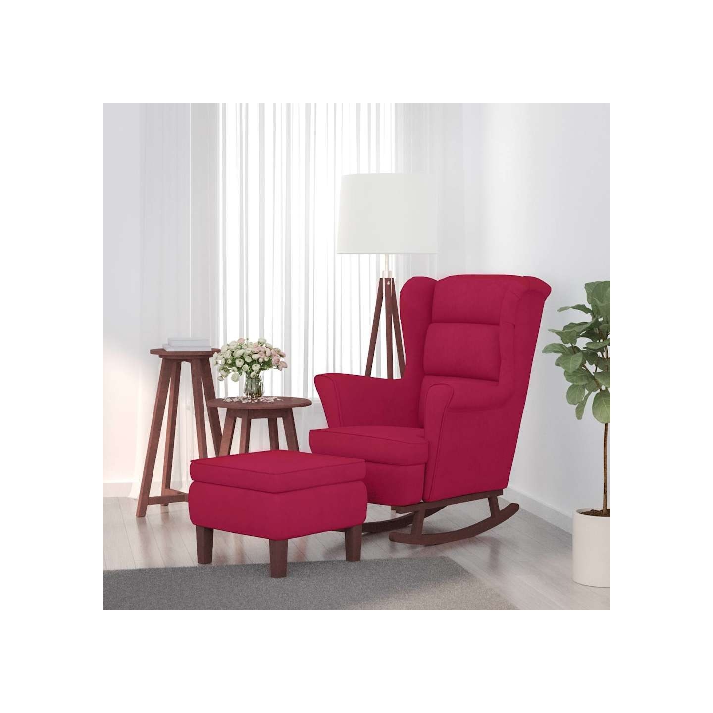 Fauteuil à bascule à oreilles en velours rouge vin bois massif