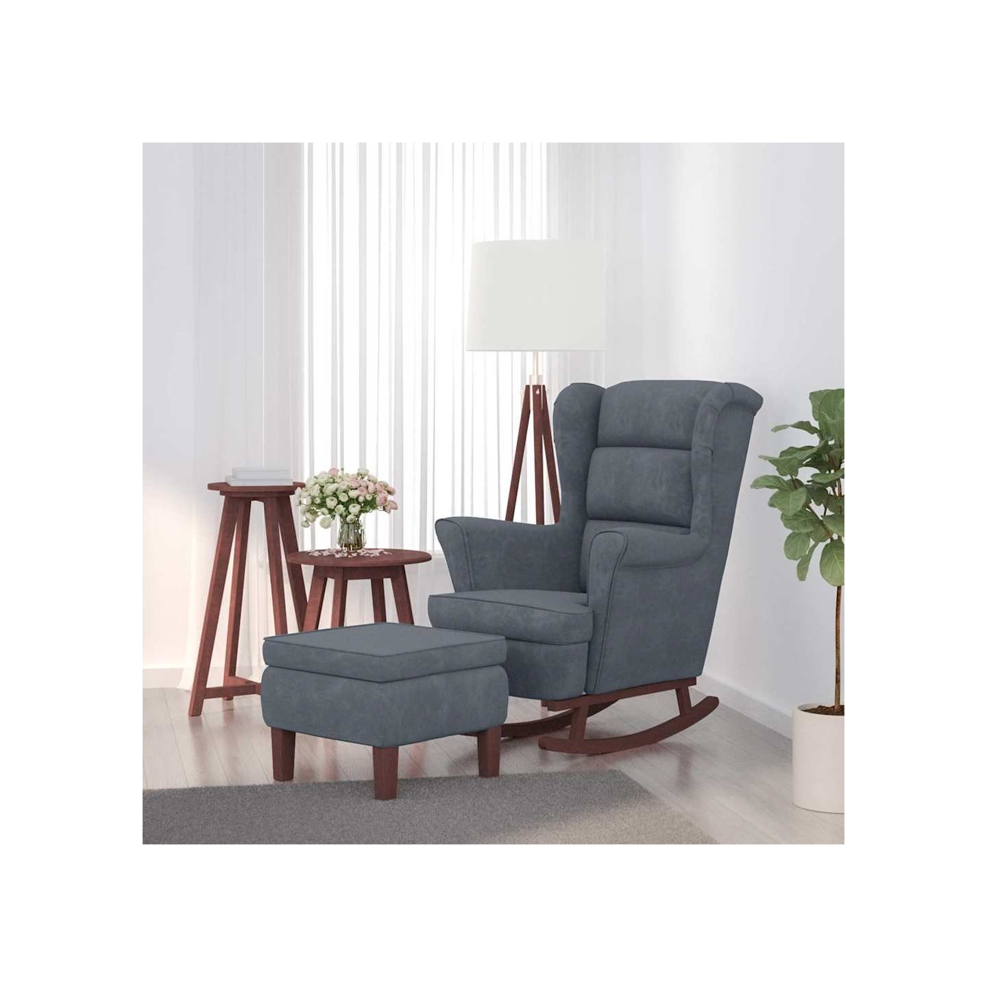 Fauteuil à bascule à oreilles en velours gris foncé bois massif