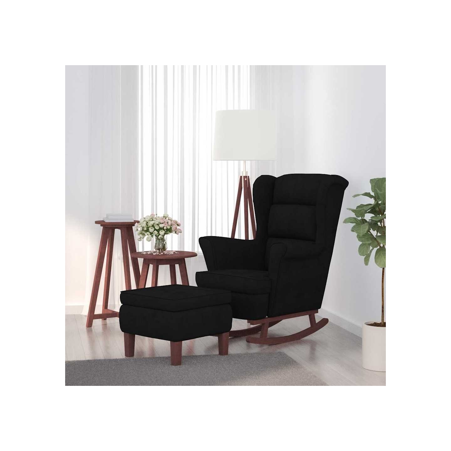 Fauteuil à bascule à oreilles en velours noir bois massif