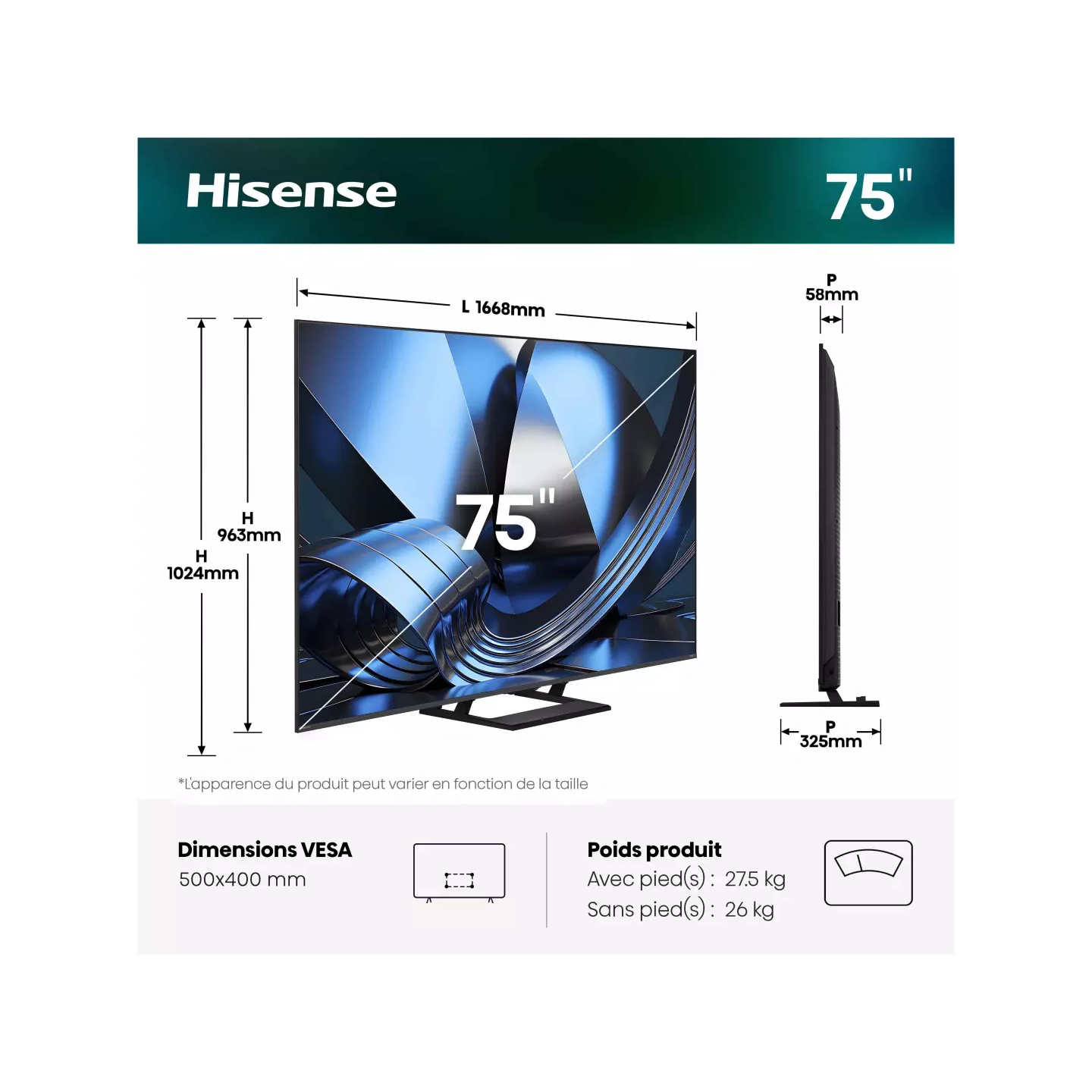 TV MiniLED Hisense 75U7SE 75" 4K Dolby Vision IQ | Nimestore