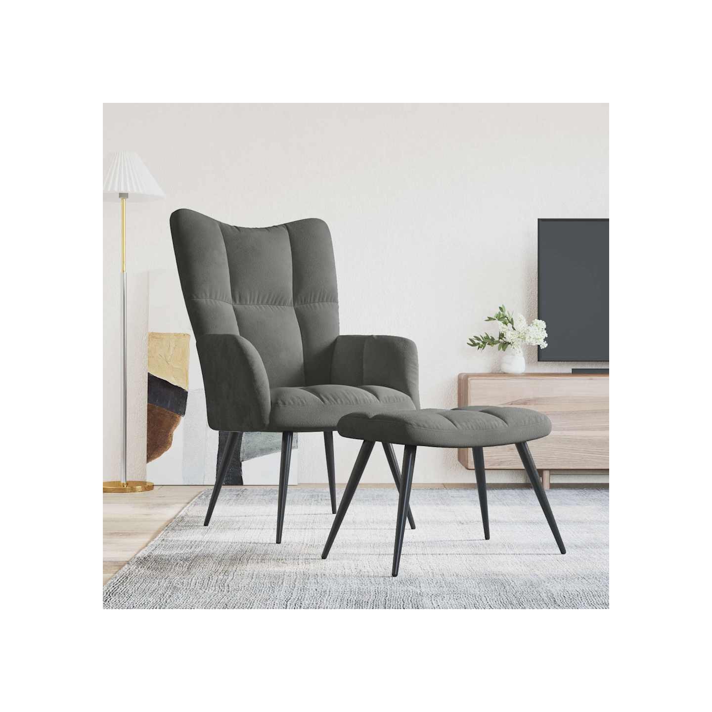 Chaise de relaxation avec tabouret Gris foncé Velours