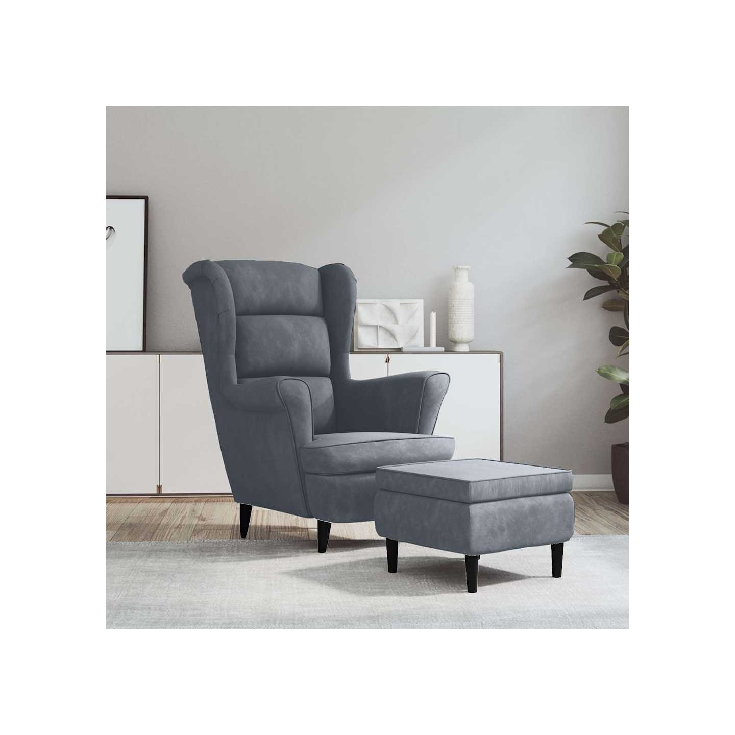 Fauteuil à oreilles avec tabouret gris foncé velours