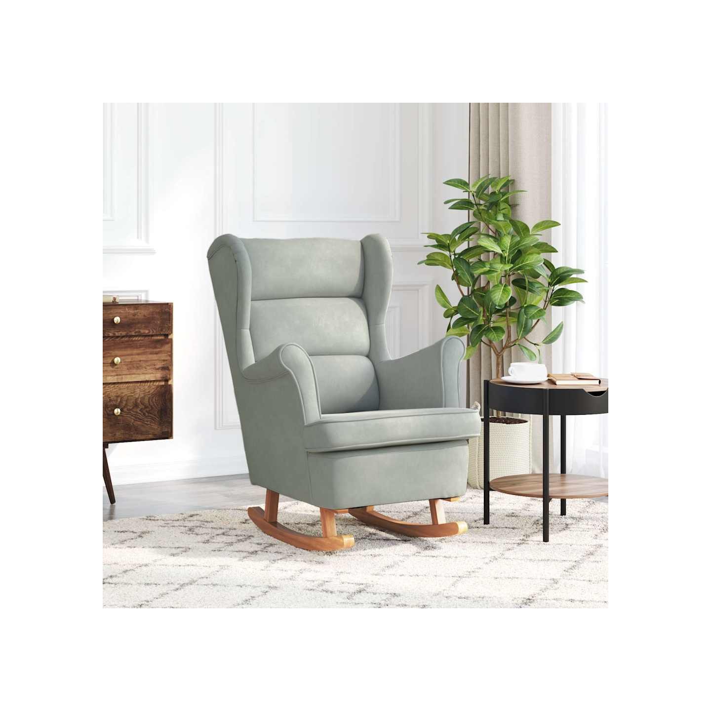 Fauteuil à bascule à oreilles en velours gris clair bois massif