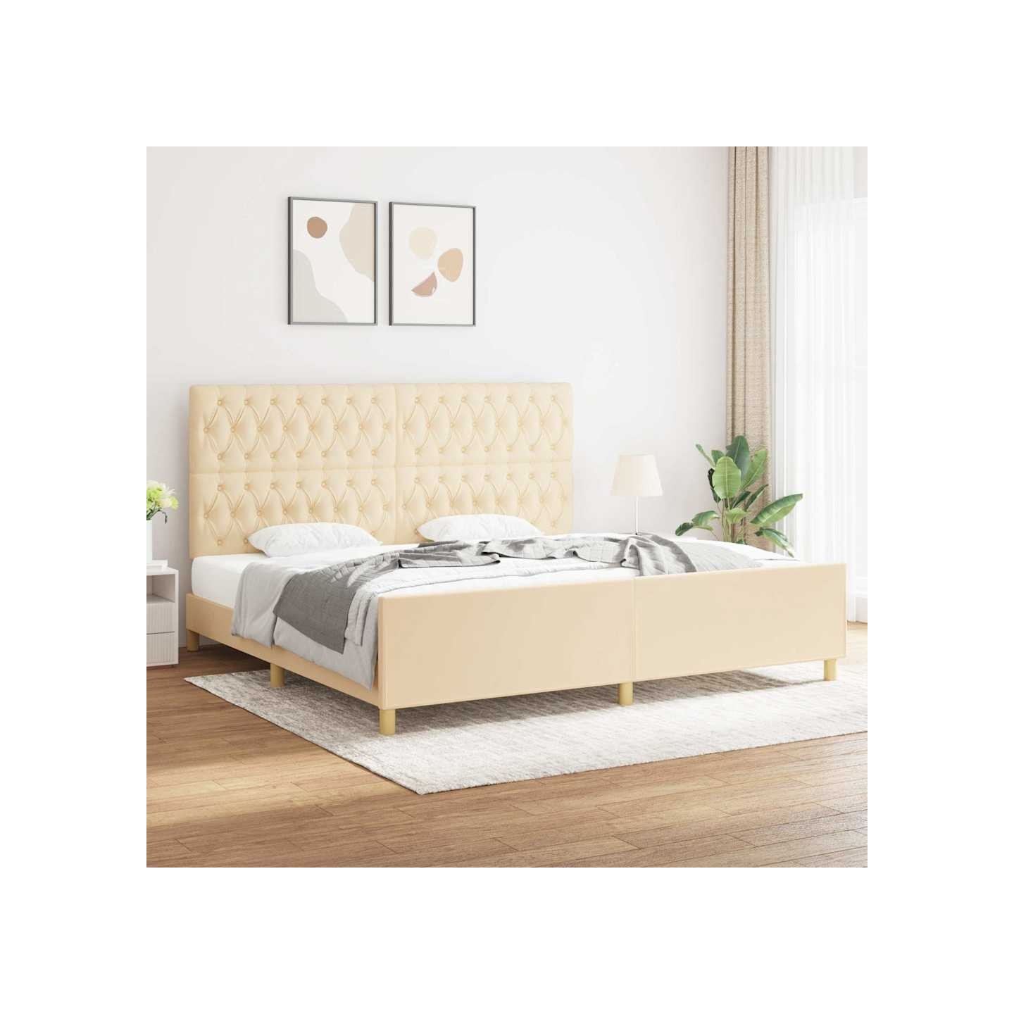 Cadre de lit sans matelas et tête de lit crème 200x200 cm tissu
