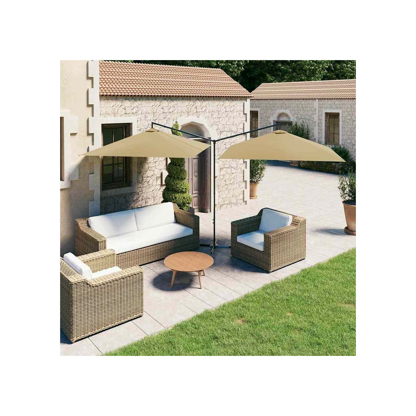 Parasol de jardin double avec mât en acier taupe 600x300 cm