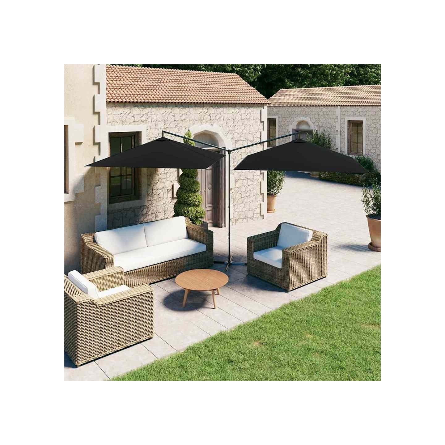 Parasol de jardin double avec mât en acier noir 600x300 cm