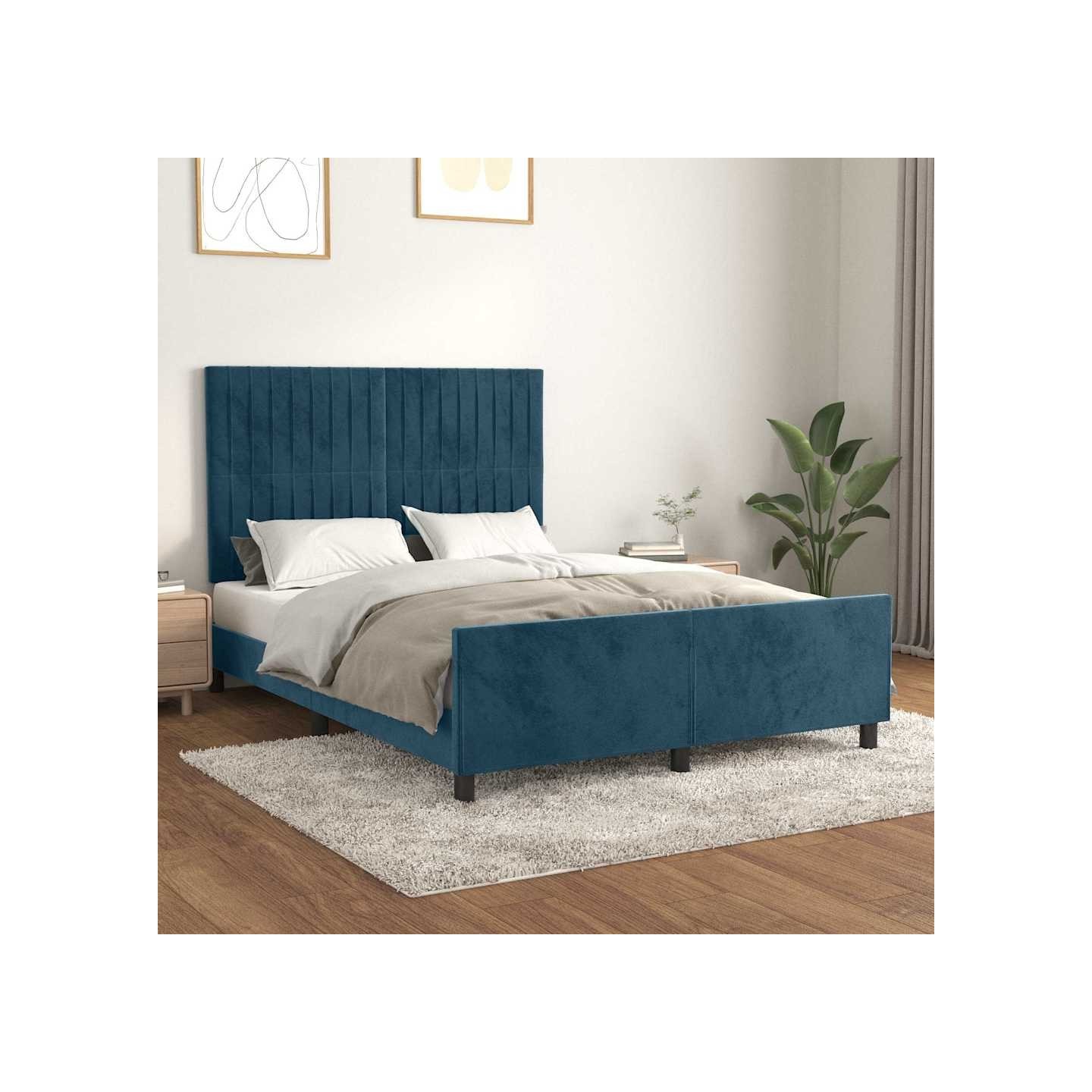 Cadre de lit sans matelas bleu foncé 140x200 cm velours
