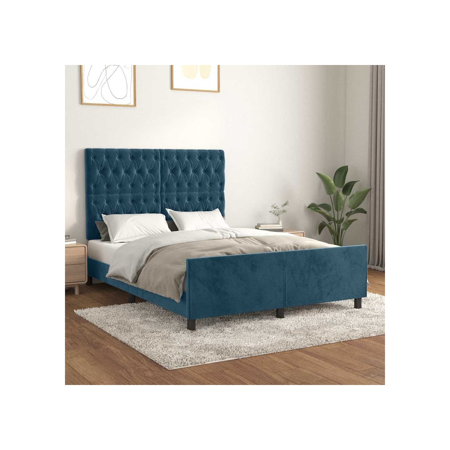 Cadre de lit sans matelas bleu foncé 140x200 cm velours