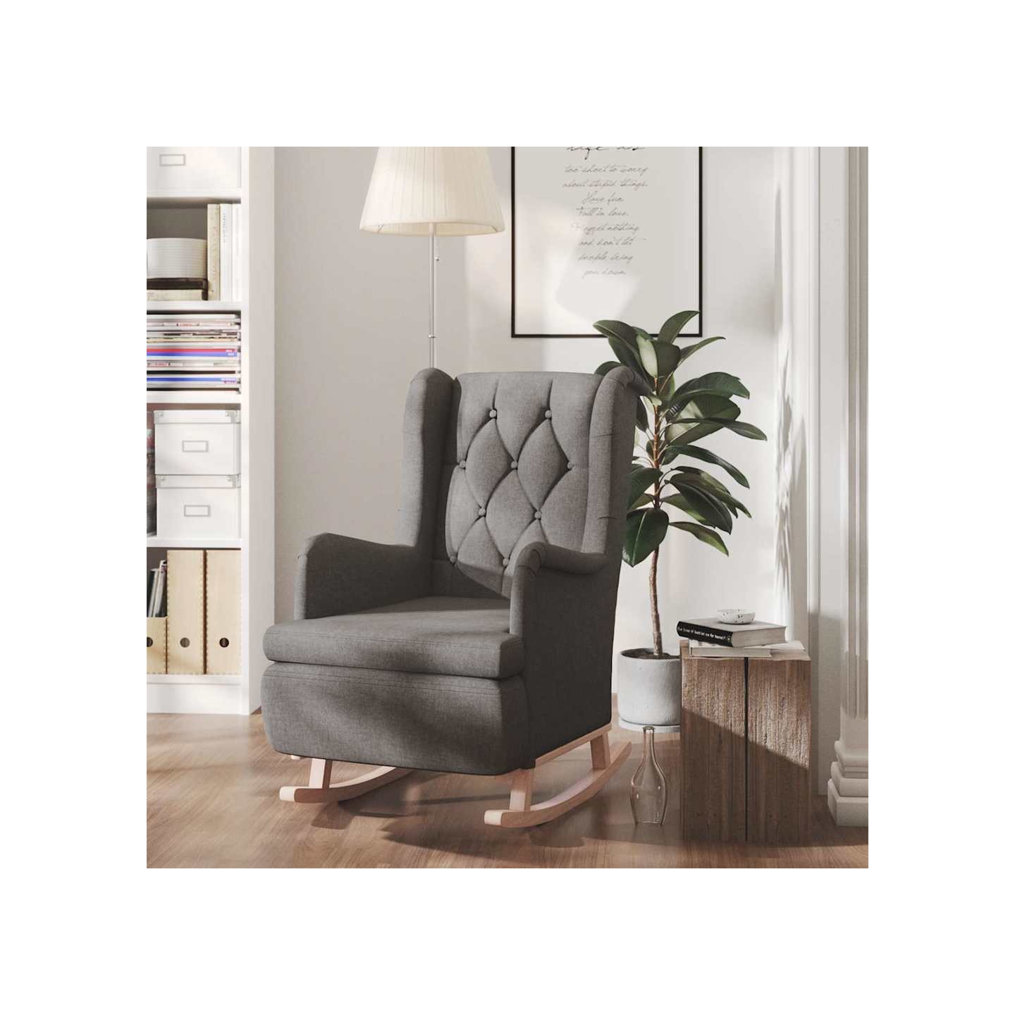 Fauteuil avec pieds à bascule en bois d'hévéa Gris foncé Tissu