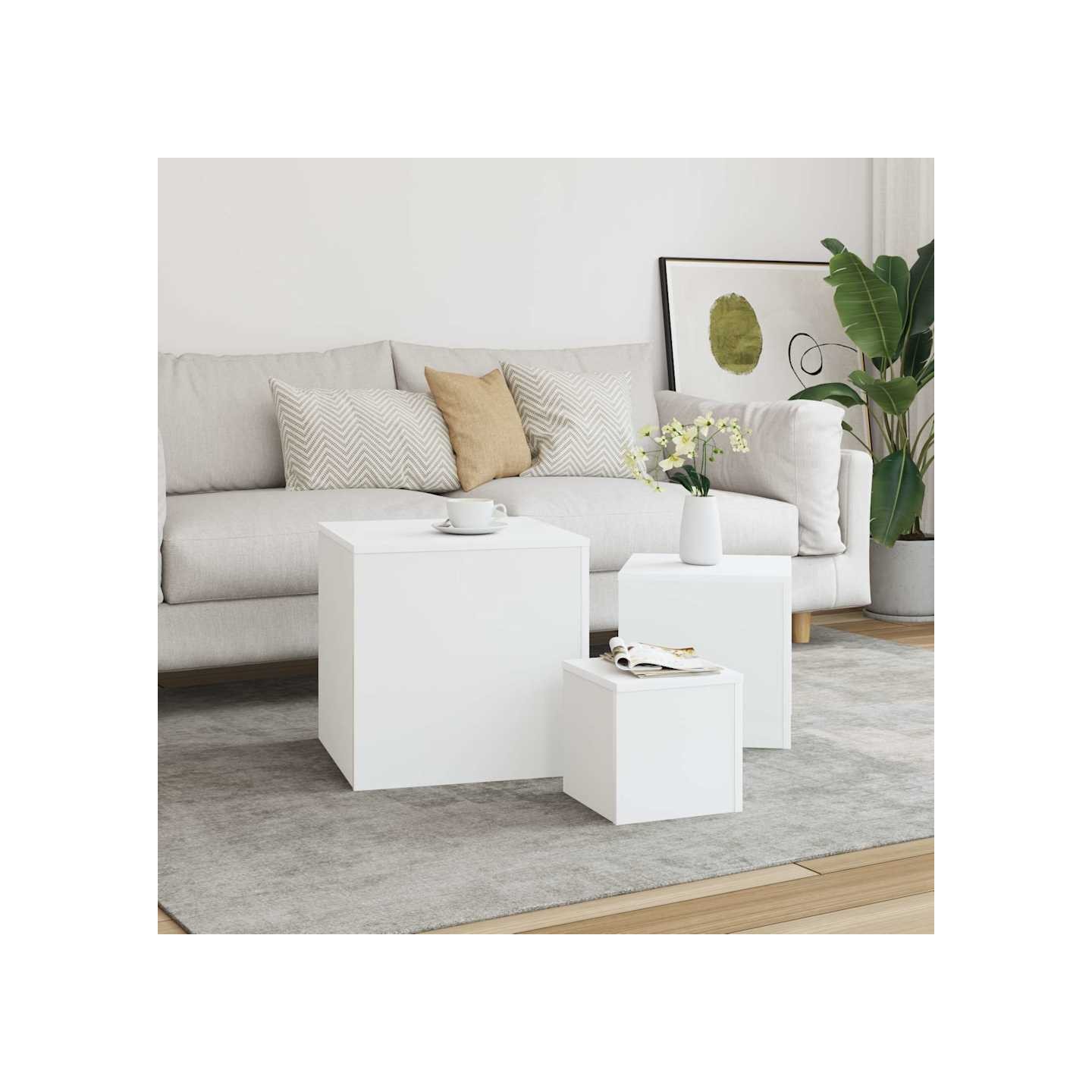 Tables d'appoint 3 pièces en bois d'ingénierie blanc