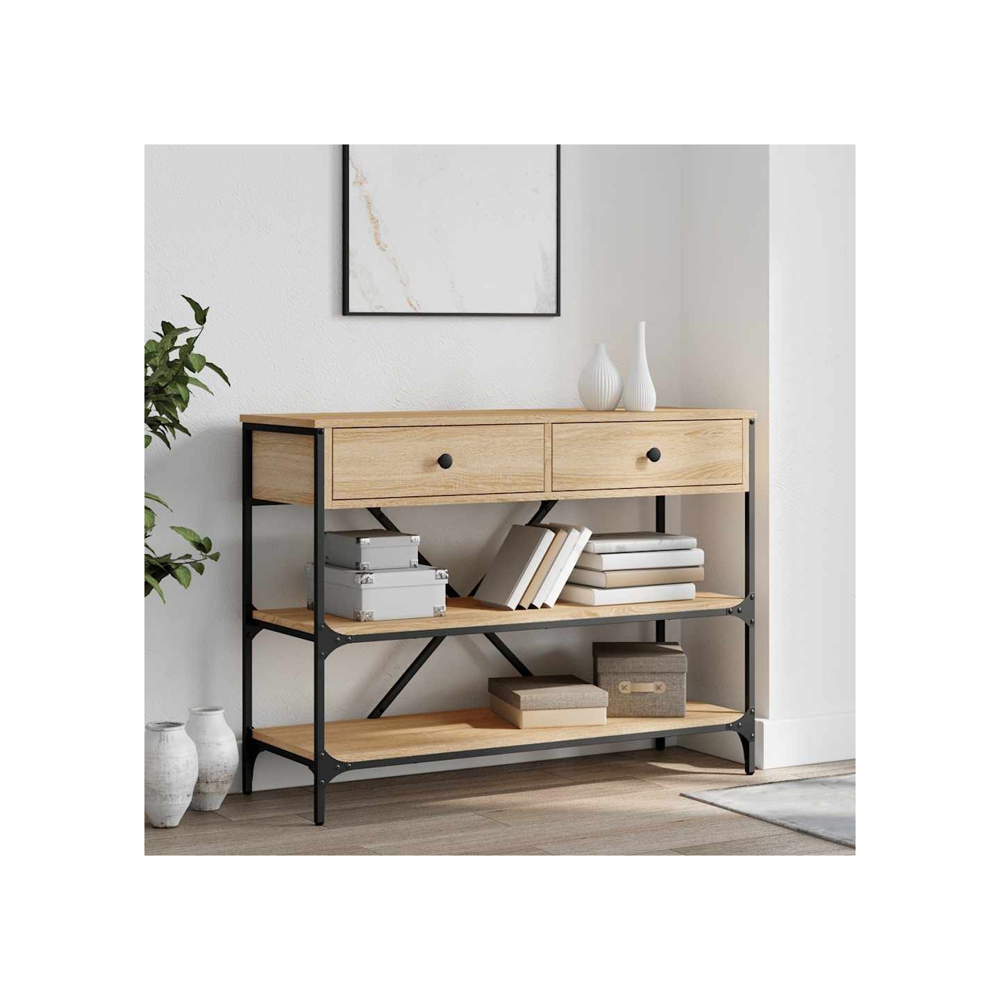 Table console avec tiroirs et étagères chêne sonoma
