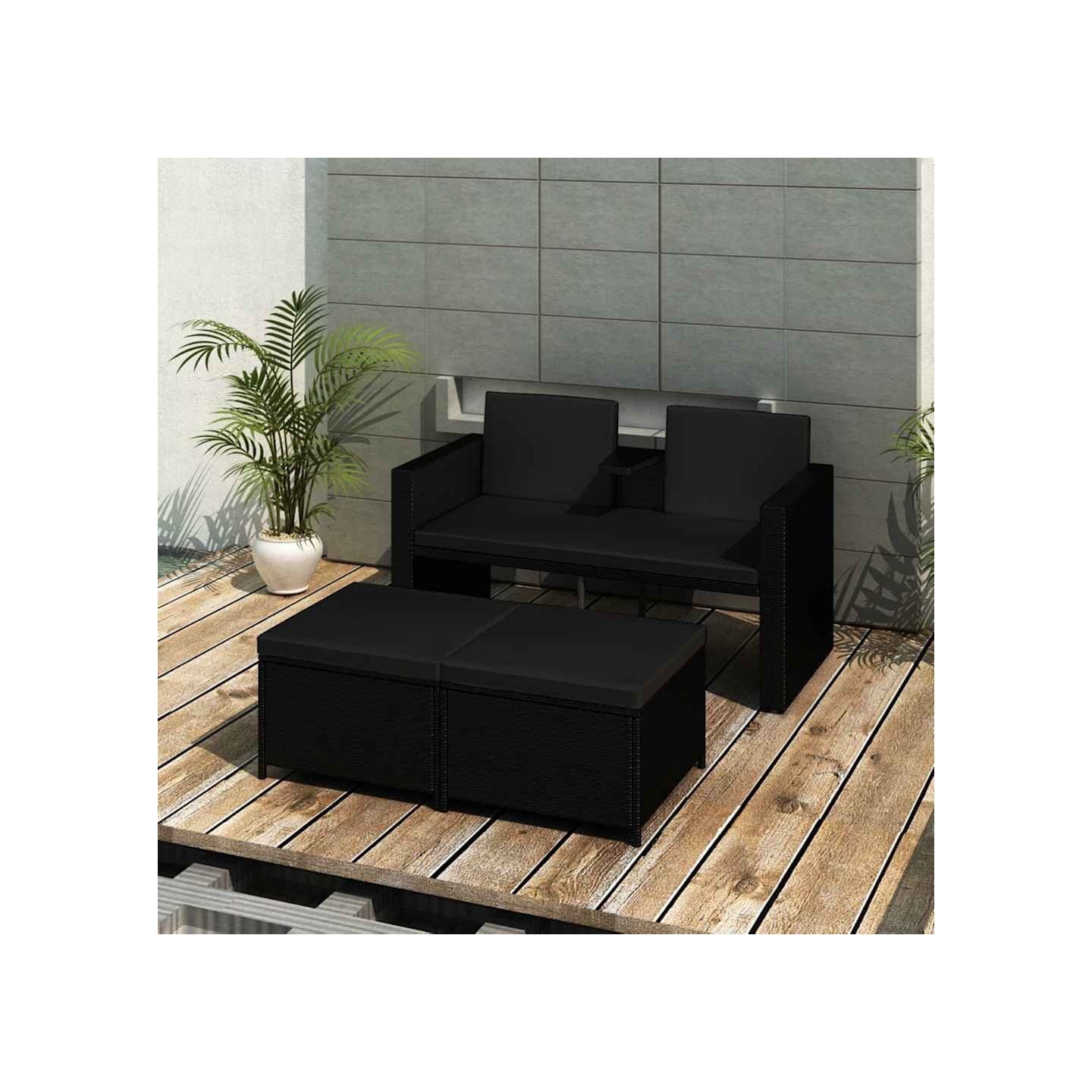 Salon de jardin 3 pcs avec coussins Résine tressée Noir