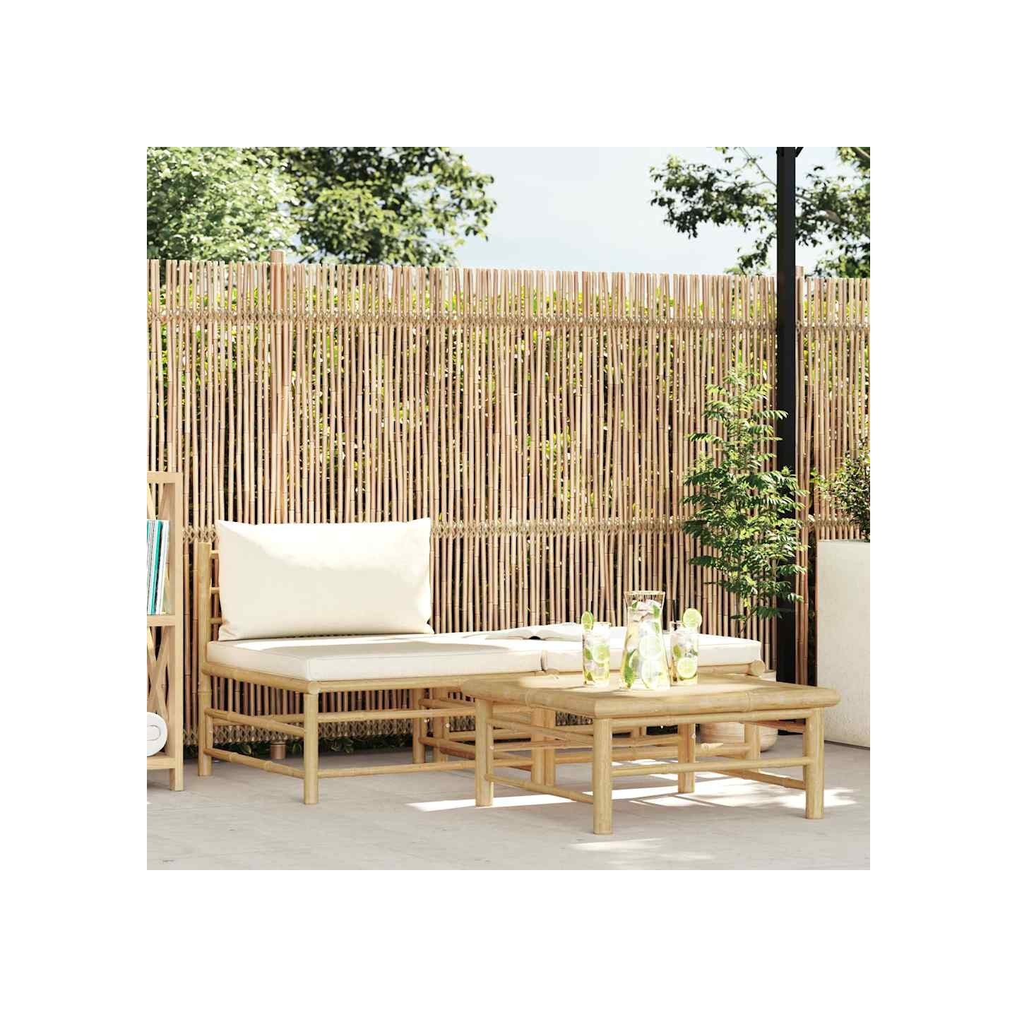 Salon de jardin 3 pcs avec coussins blanc crème Bambou