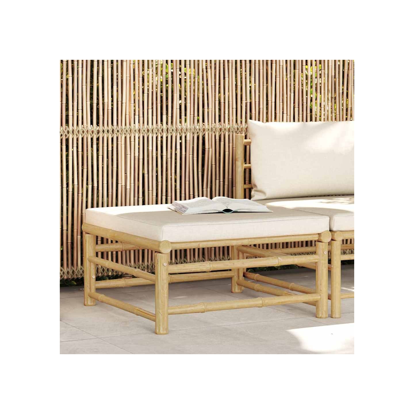Repose-pied de jardin avec coussin blanc crème Bambou