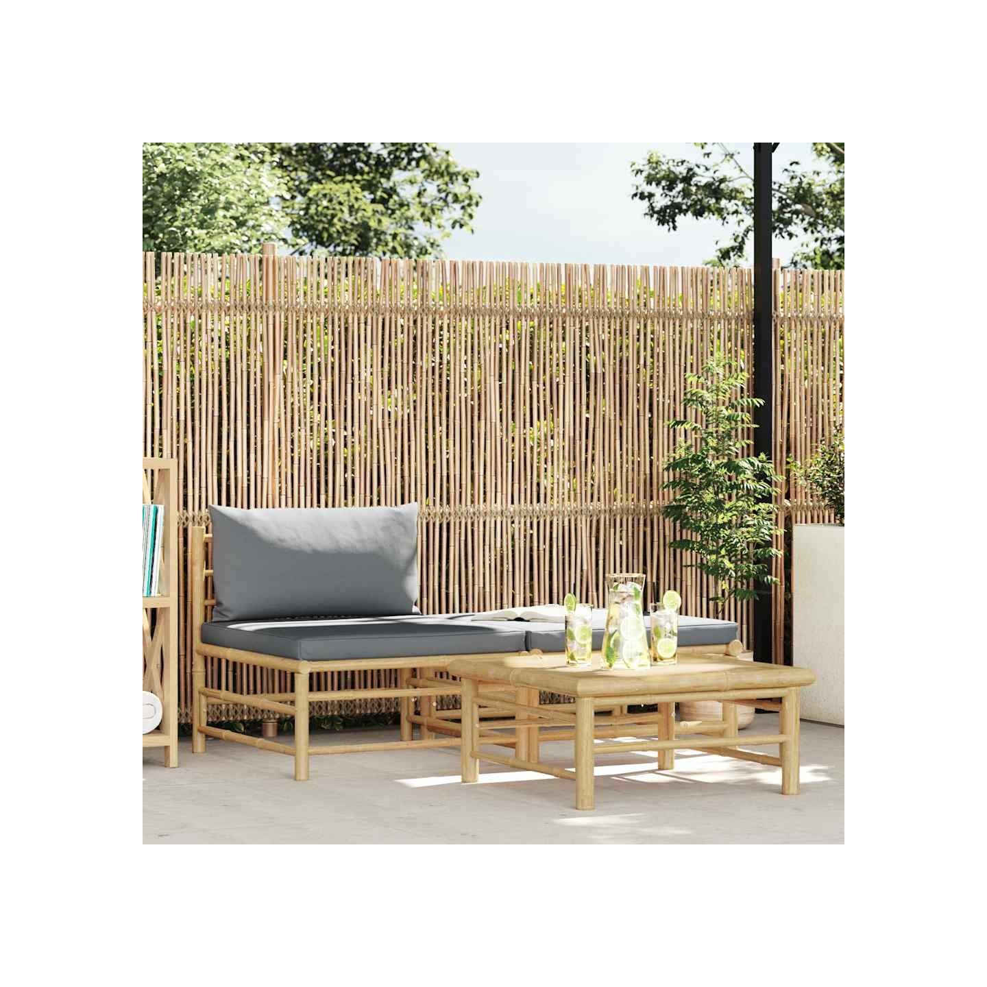 Salon de jardin 3 pcs avec coussins gris foncé Bambou