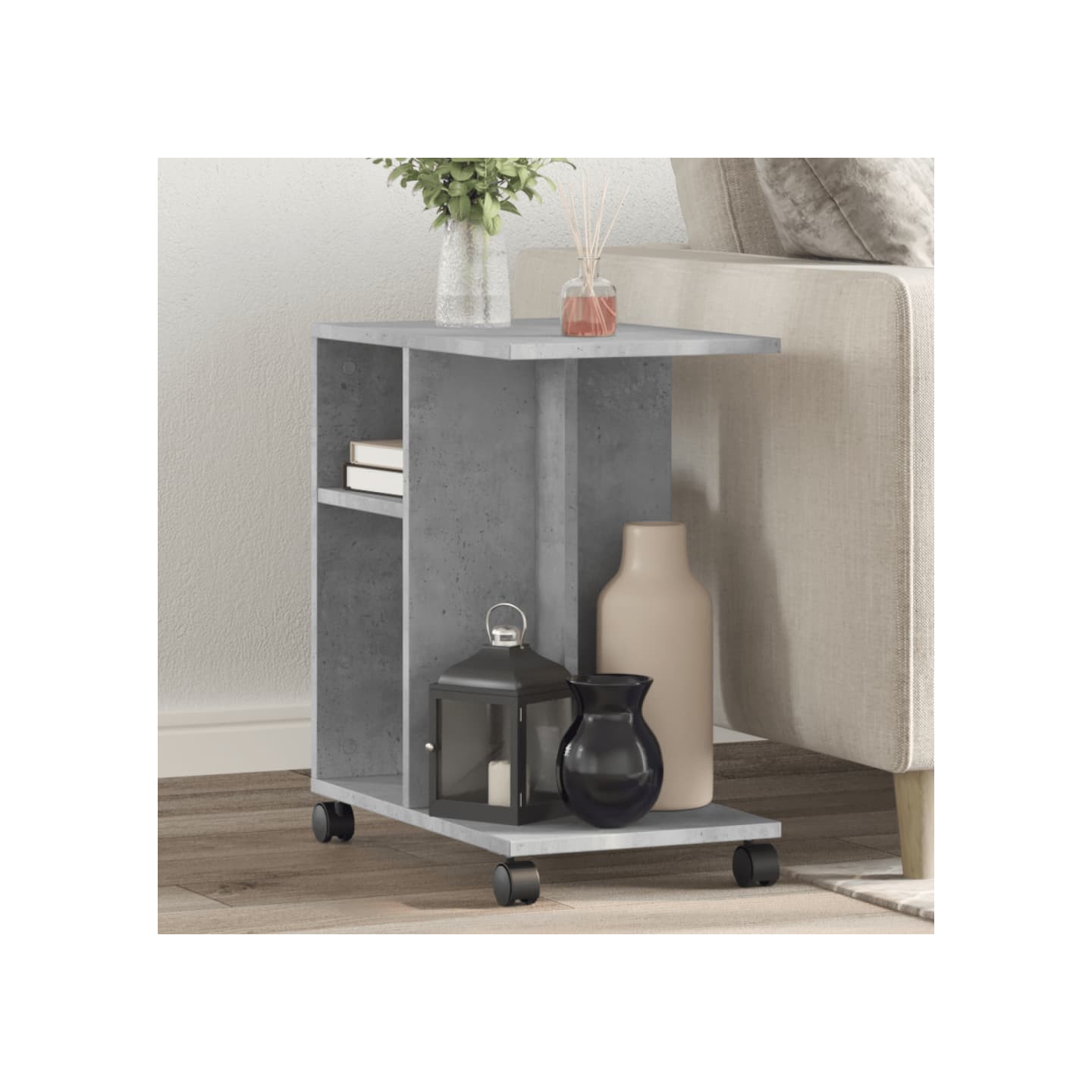 Table d'appoint avec roues gris béton bois d'ingénierie