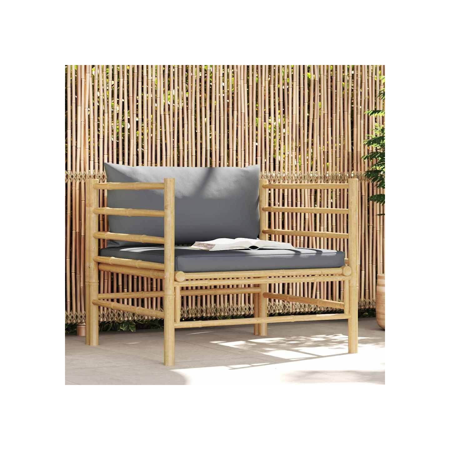 Canapé de jardin avec coussins gris foncé Bambou