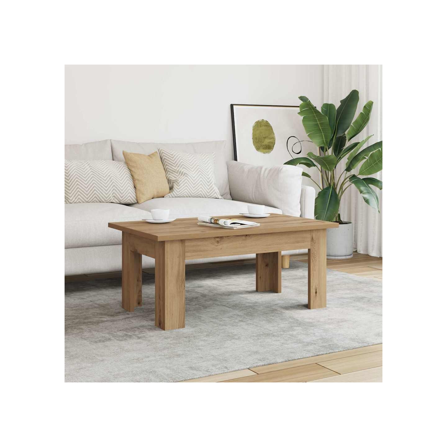 Table basse chêne artisanal 100x60x42 cm bois d'ingénierie