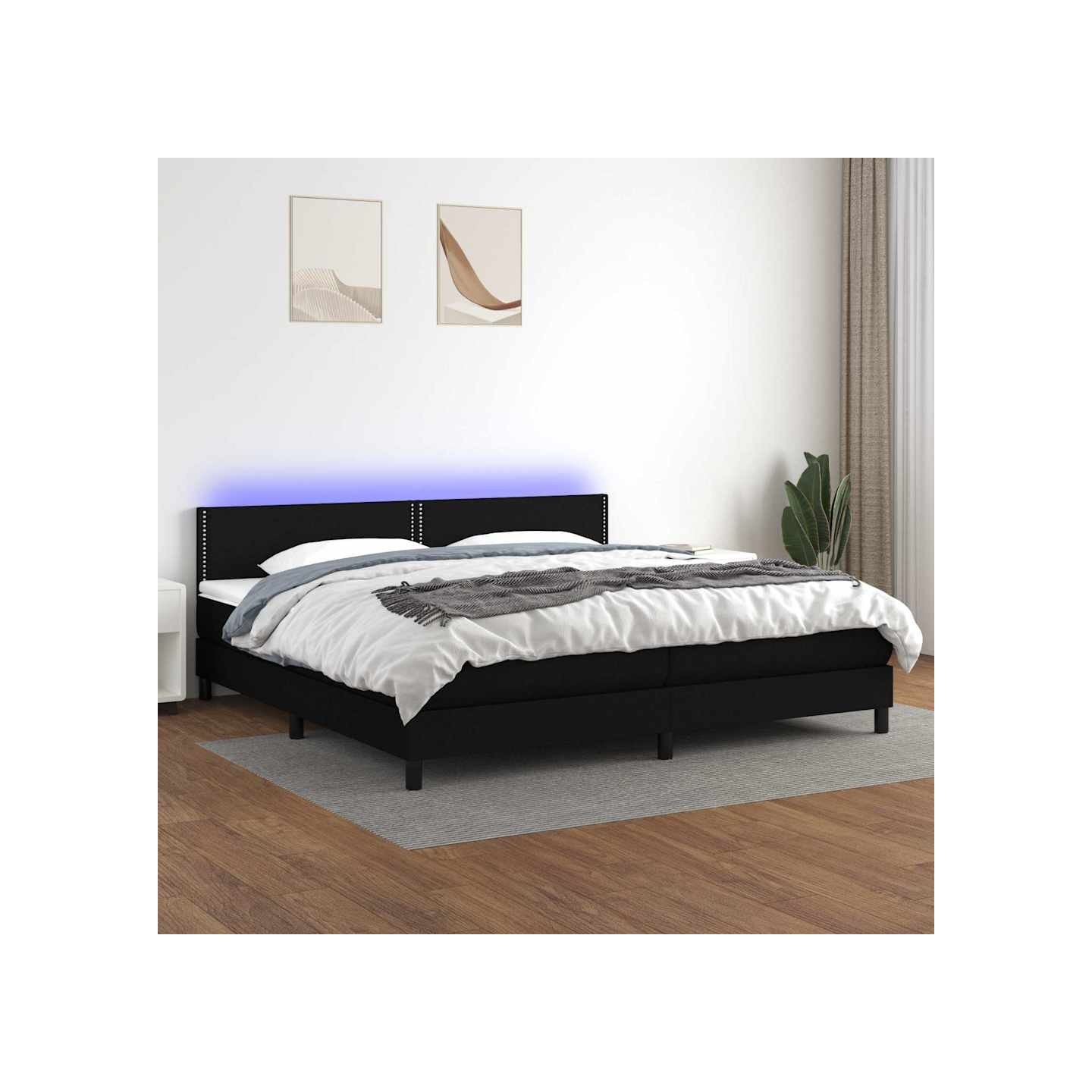 Sommier à lattes de lit et matelas et LED Noir 200x200 cm Tissu