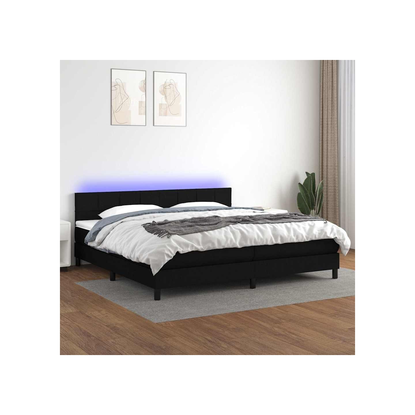 Sommier à lattes de lit et matelas et LED Noir 200x200 cm Tissu
