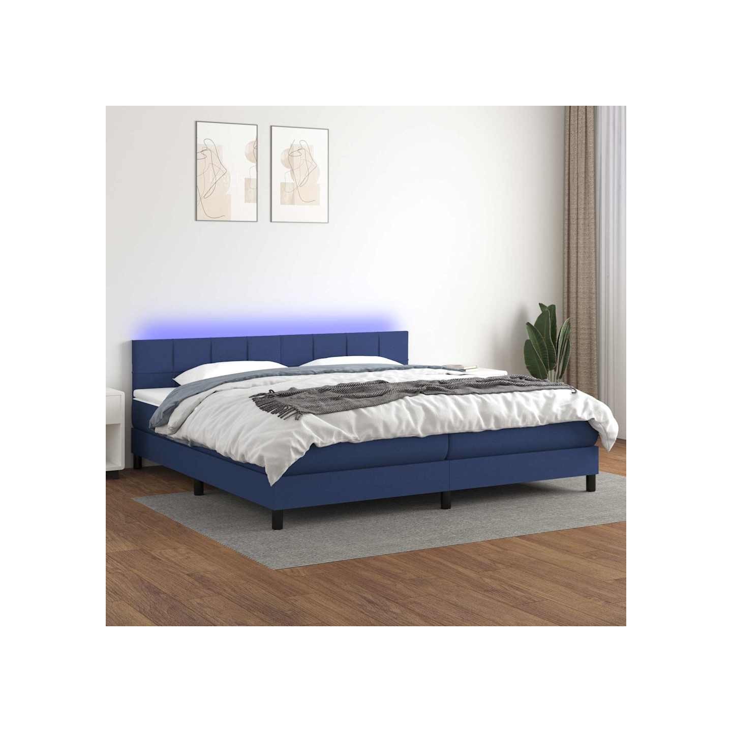Sommier à lattes de lit et matelas et LED Bleu 200x200 cm Tissu
