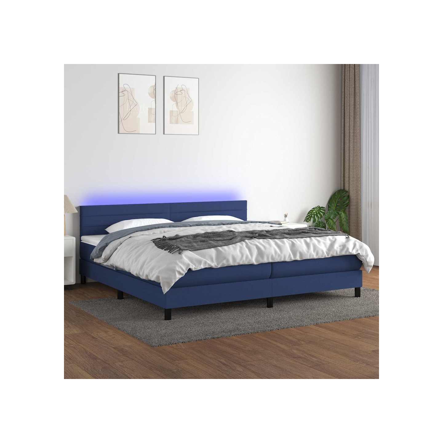 Sommier à lattes de lit et matelas et LED Bleu 200x200 cm Tissu