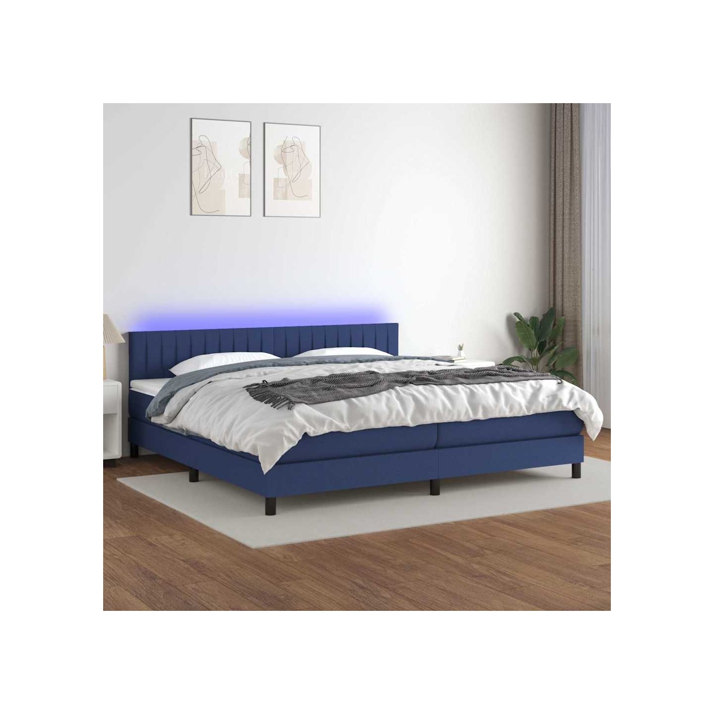 Sommier à lattes de lit et matelas et LED Bleu 200x200 cm Tissu