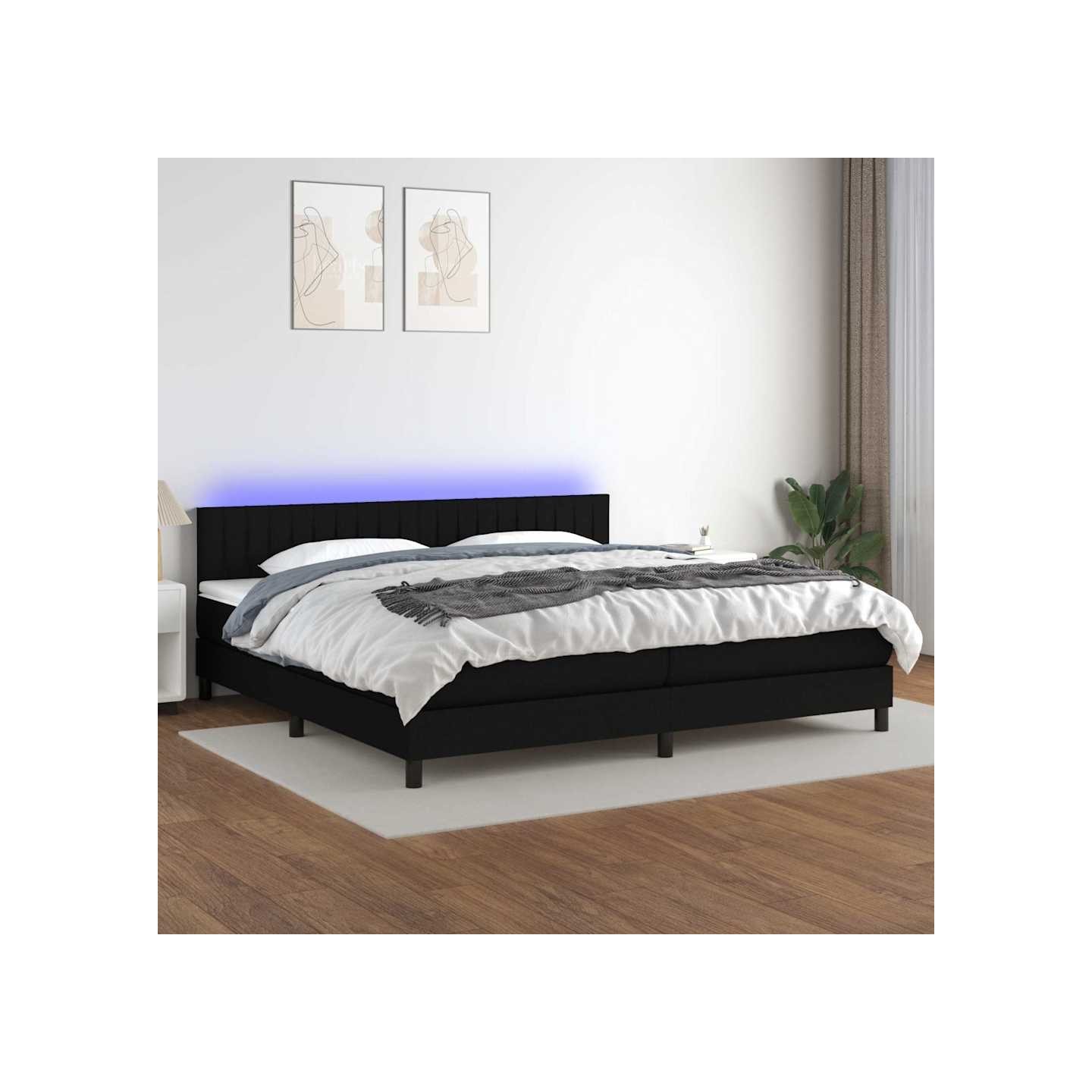 Sommier à lattes de lit et matelas et LED Noir 200x200 cm Tissu