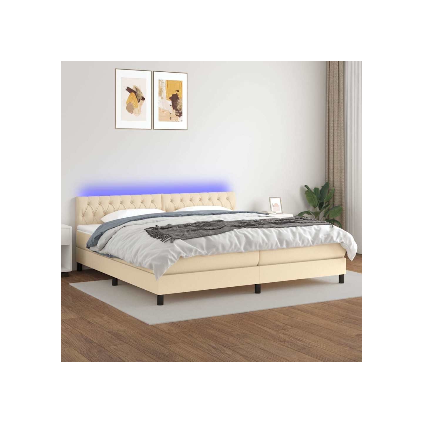 Sommier à lattes de lit et matelas et LED Crème 200x200cm Tissu