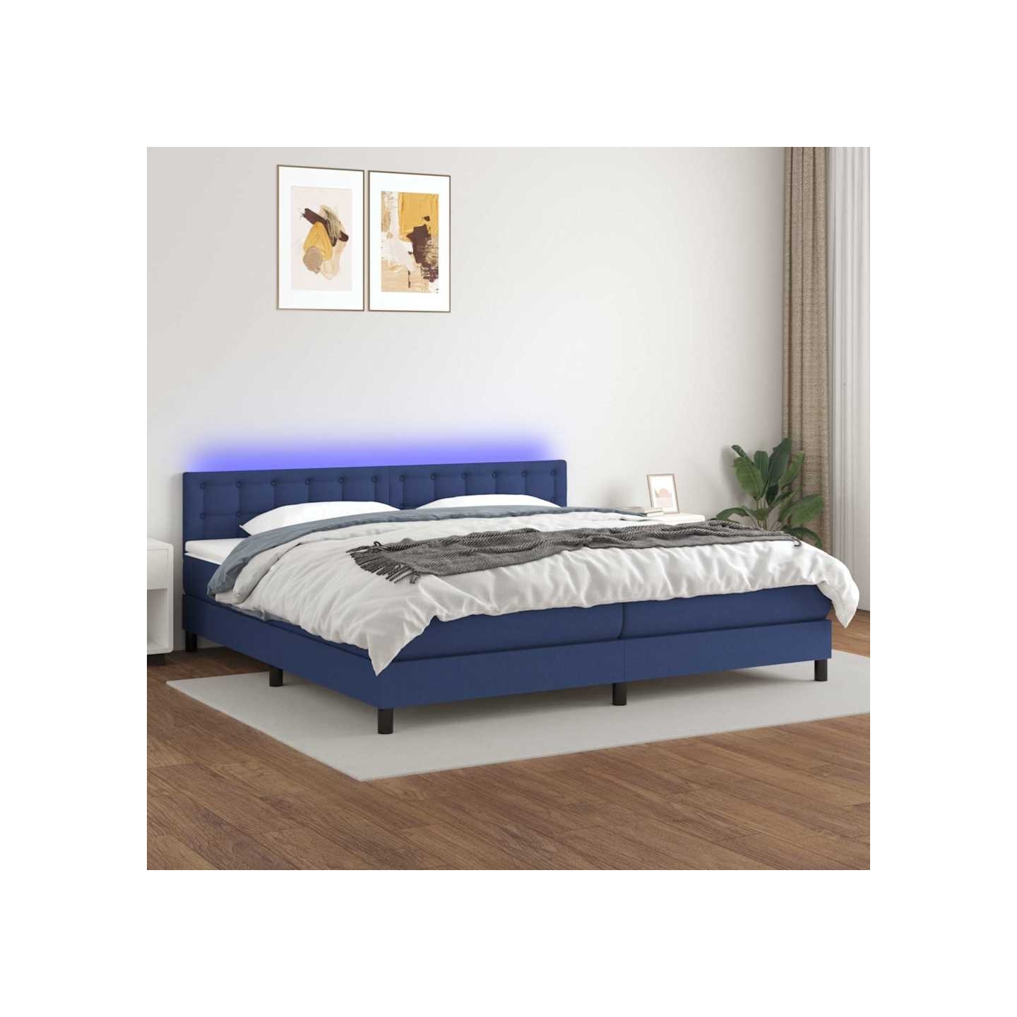 Sommier à lattes de lit et matelas et LED Bleu 200x200 cm Tissu