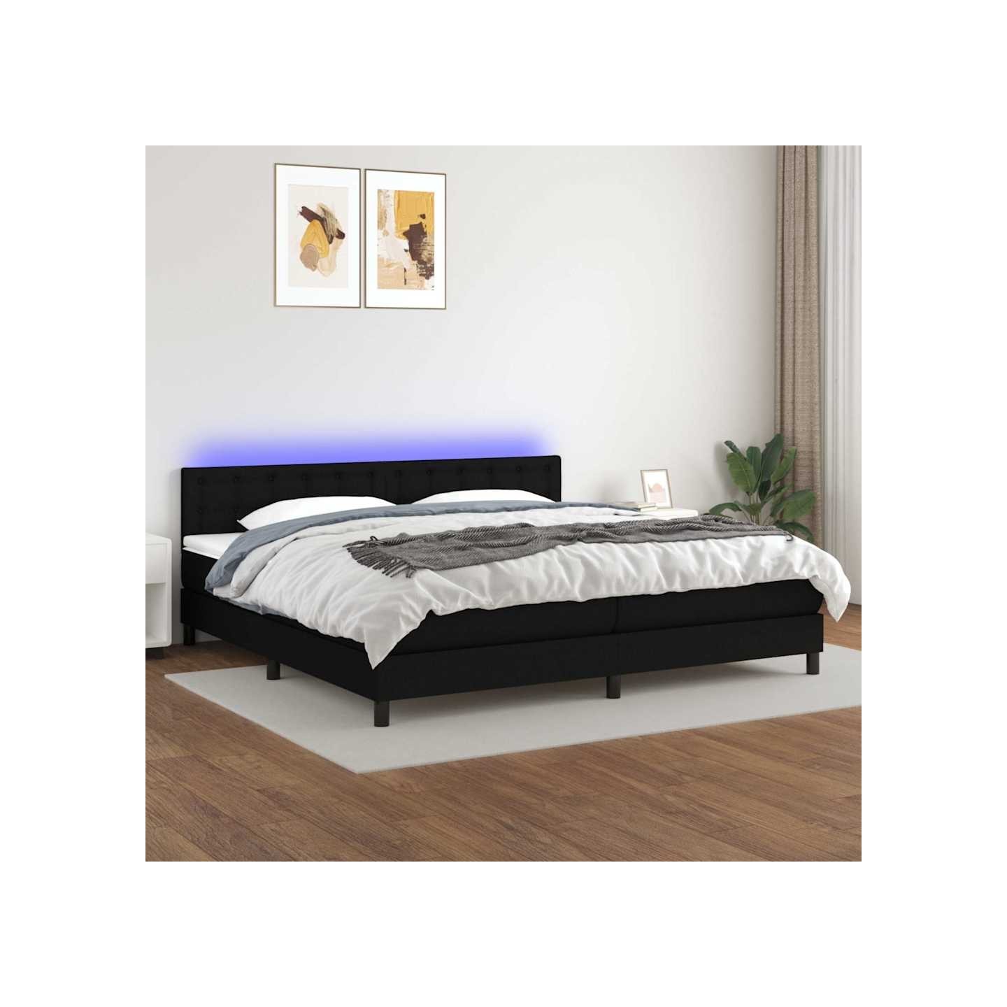 Sommier à lattes de lit et matelas et LED Noir 200x200 cm Tissu
