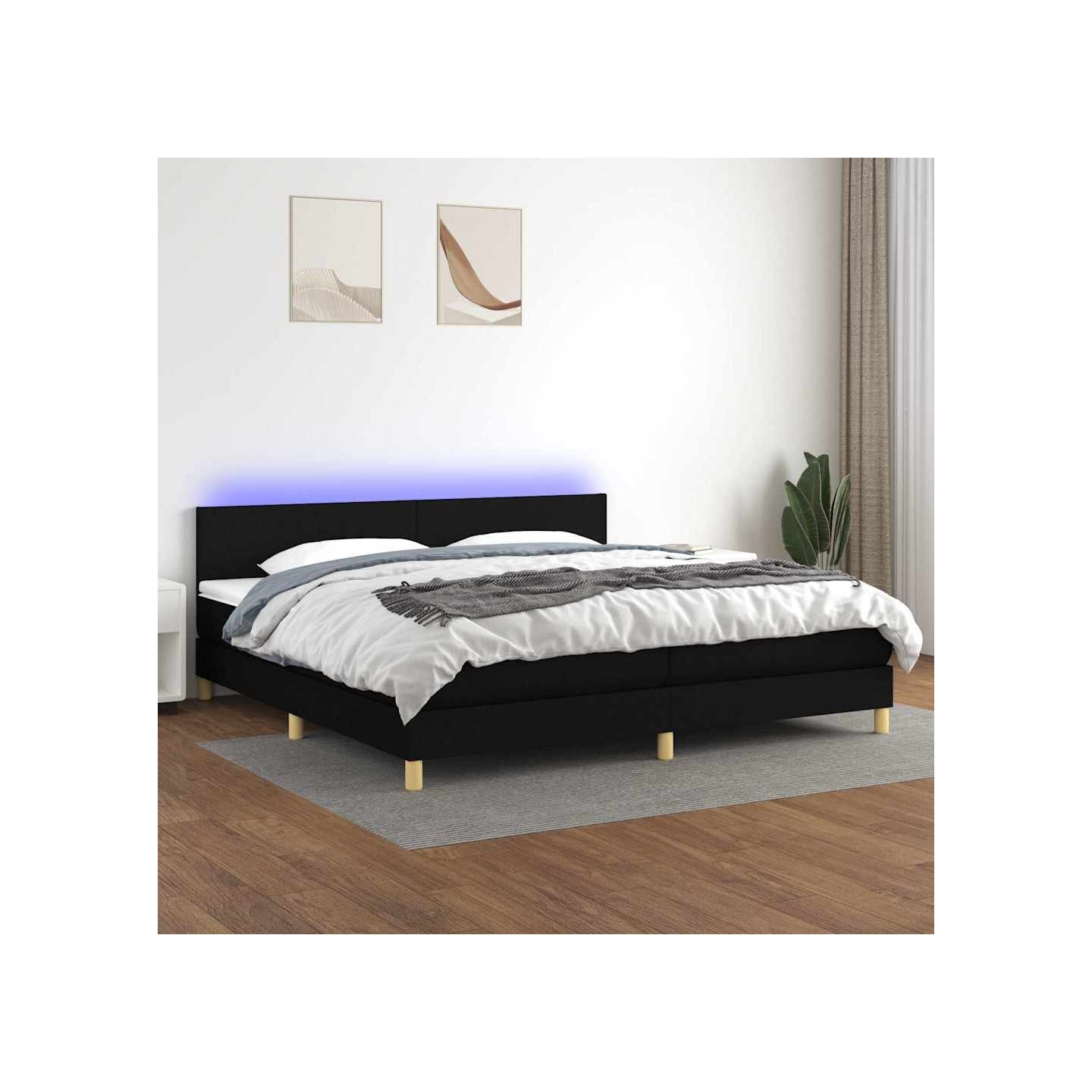 Sommier à lattes de lit et matelas et LED Noir 200x200 cm Tissu