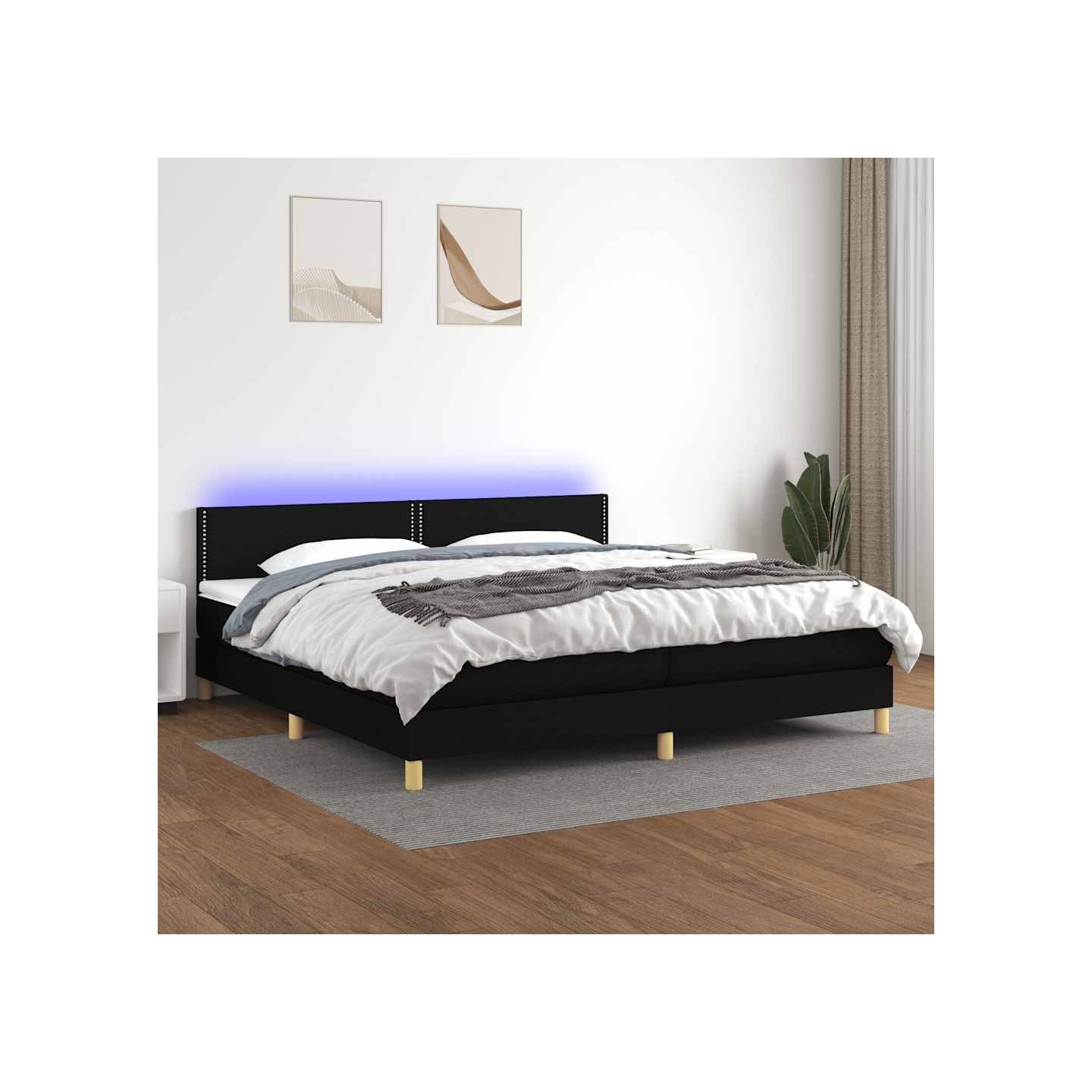 Sommier à lattes de lit et matelas et LED Noir 200x200 cm Tissu