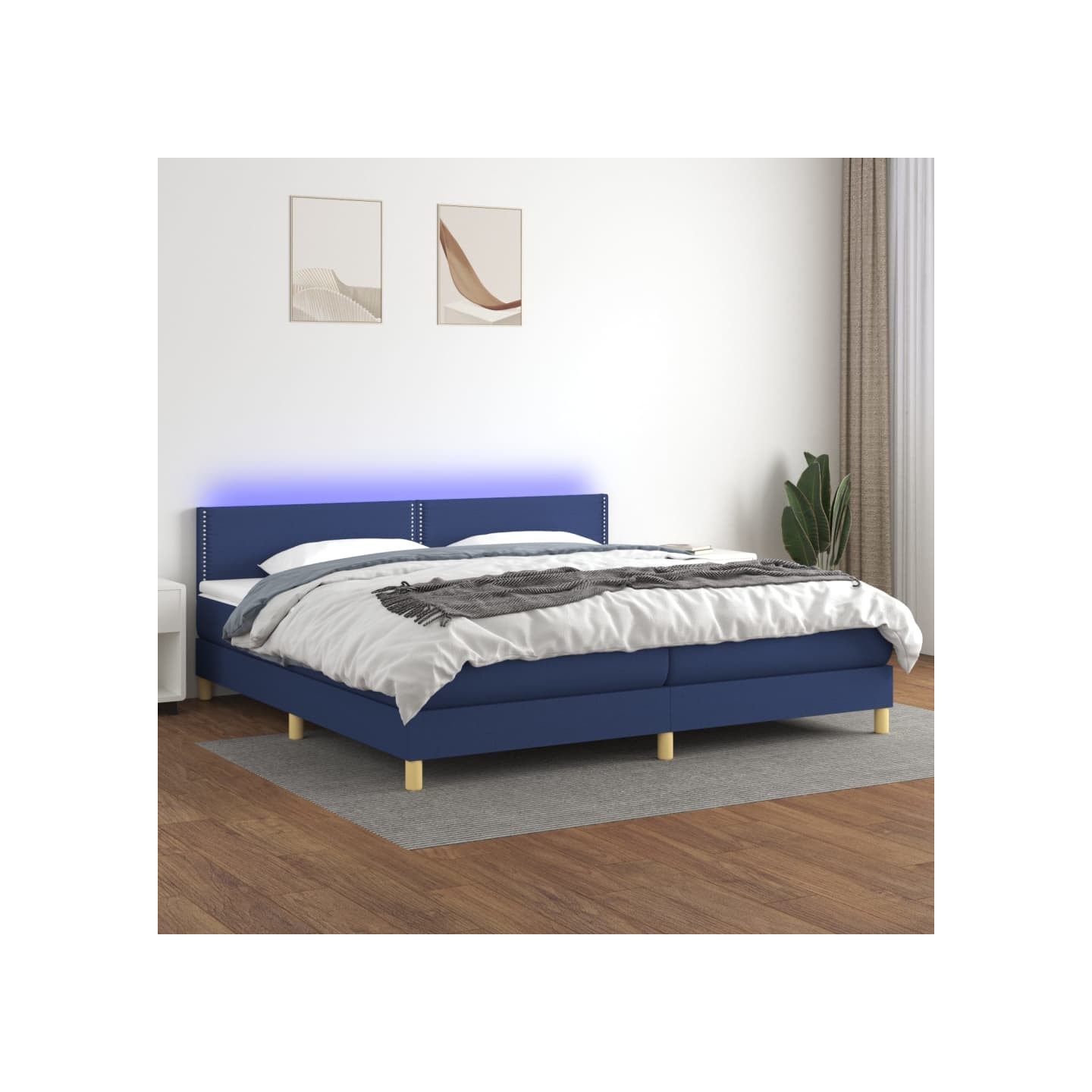 Sommier à lattes de lit et matelas et LED Bleu 200x200 cm Tissu