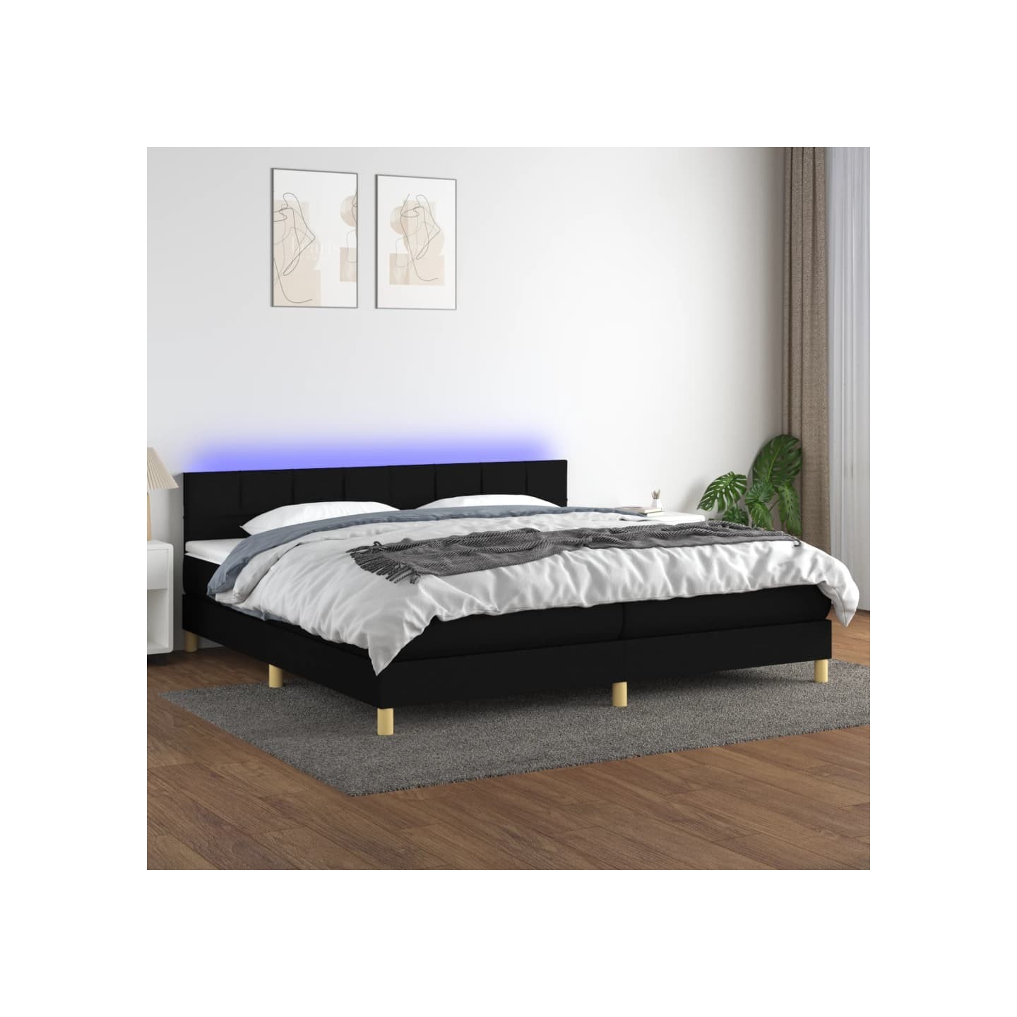 Sommier à lattes de lit et matelas et LED Noir 200x200 cm Tissu